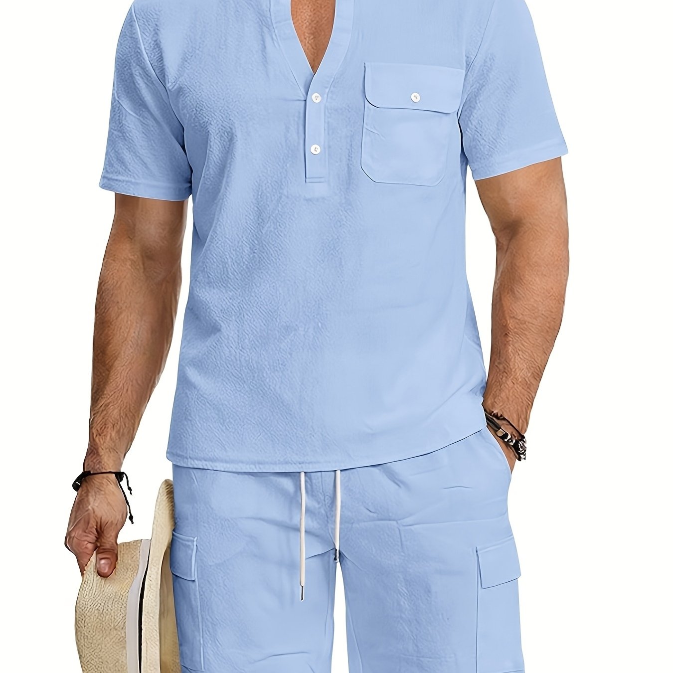 TEMU Premium Men's Linen 2pcs Outfit, Collar Henley Shirt And Cargo Shorts Set, Breathable Loose Fit Casual Wear
