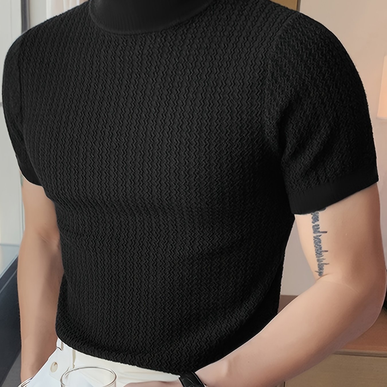 E-shop Herren Sommer Slim Fit Rollkragen-T-Shirt - Atmungsaktives Strick, Kurzarm Casual Streetwear Oberteil, Einfarbig Maschinenwaschbarer Lounge &