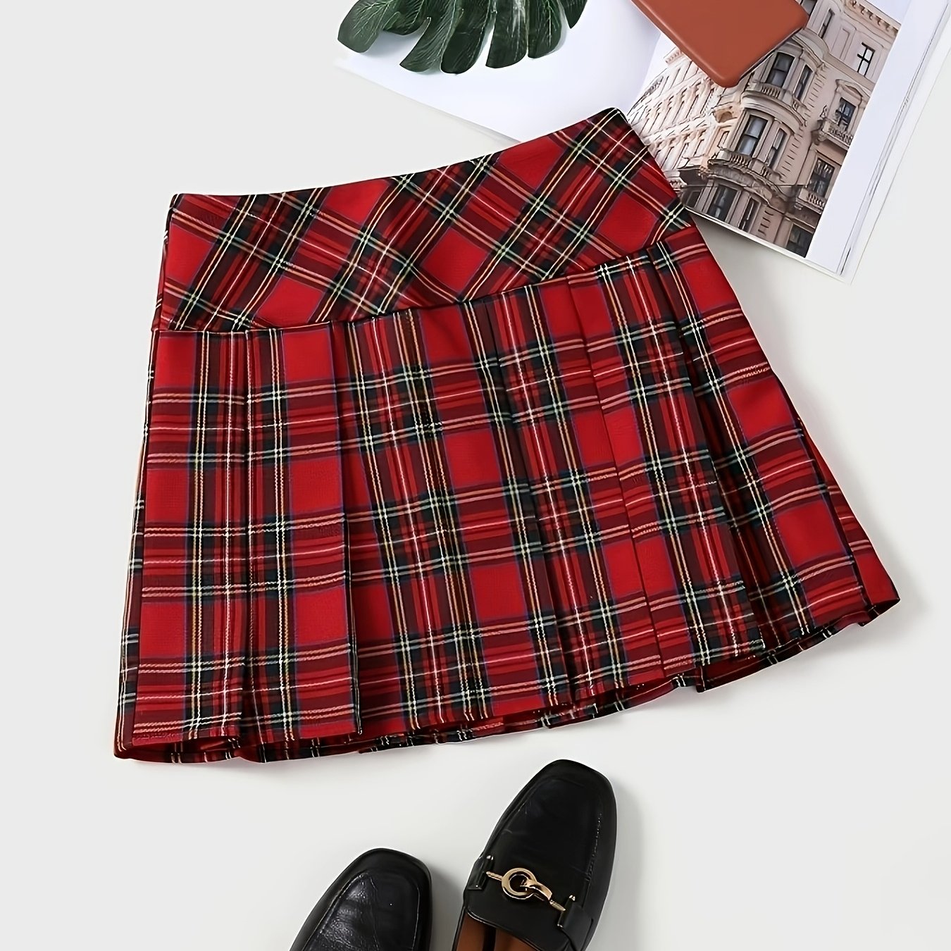 TEMU Women's Plaid Mini Skirt With Zipper Closure & Pleated Hem - Half Skirt Suitable For Spring Summer Outfits, Beltless -line Skirt For Uniforms,
