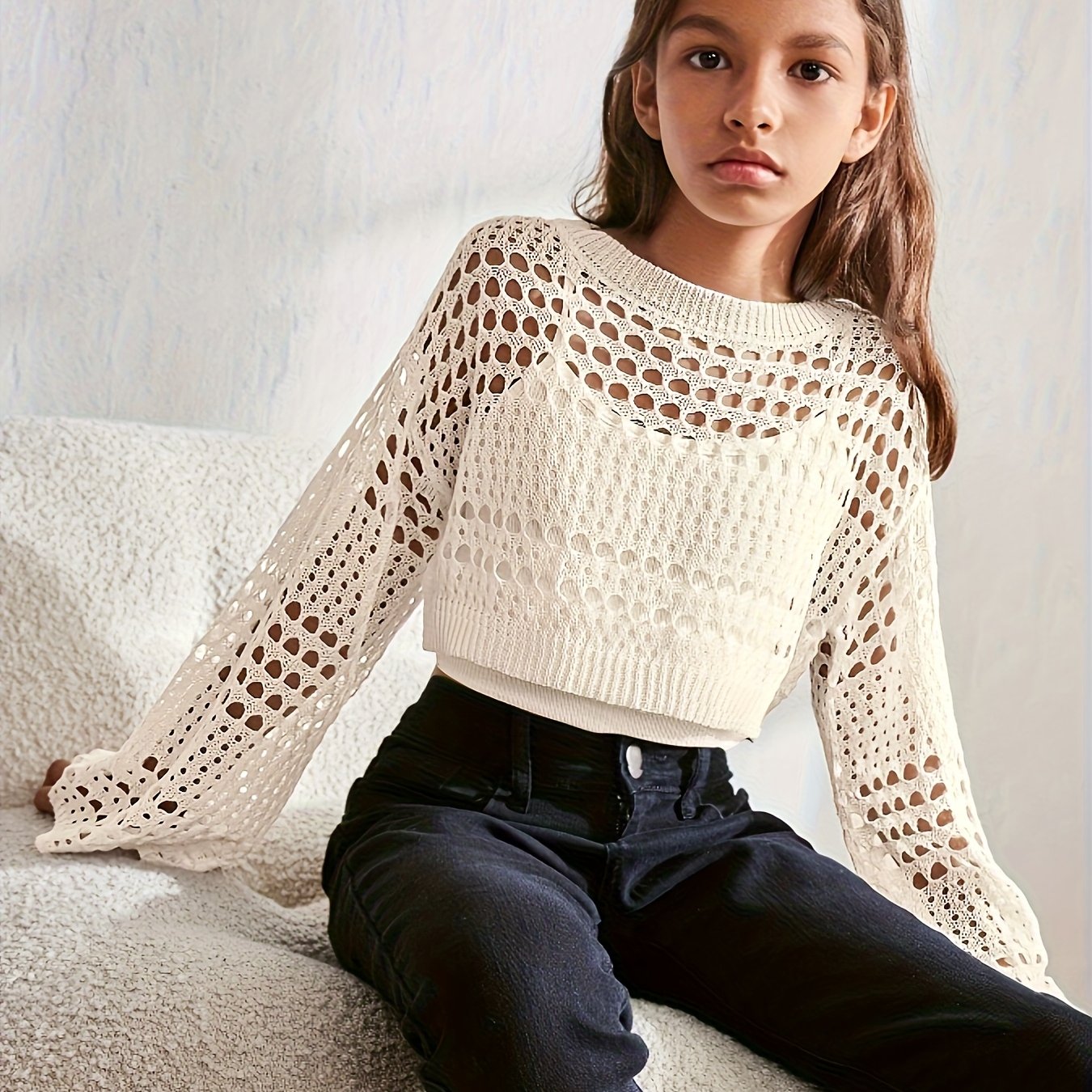 Image of Girls' Solid Color Easy Hollow Round Neck Pullover Sweater, Autumn Essentials, Knit