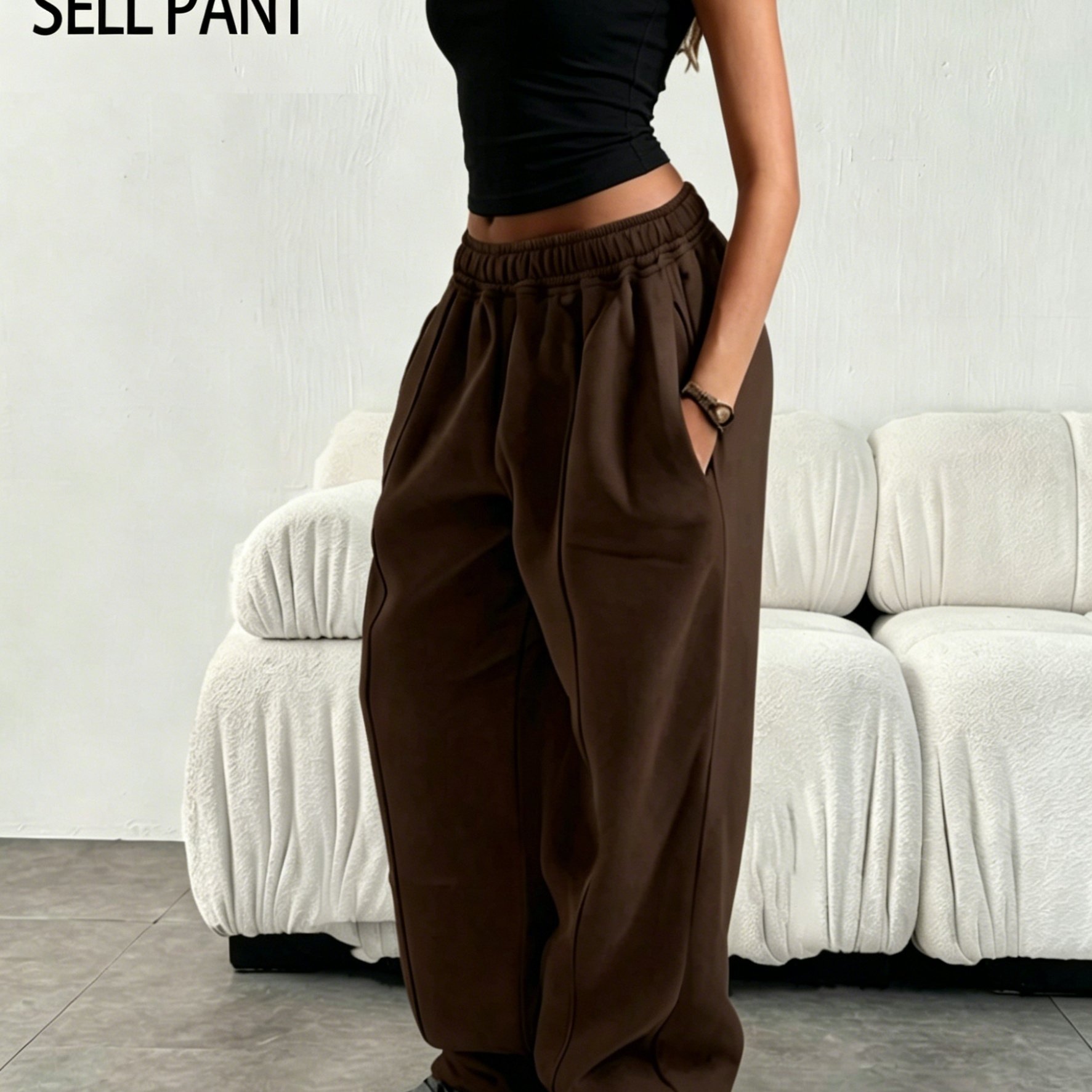 TEMU Women's Sporty Casual Long Pants, Loose-fitting Simple Solid-color Elastic Waist Sweatpants