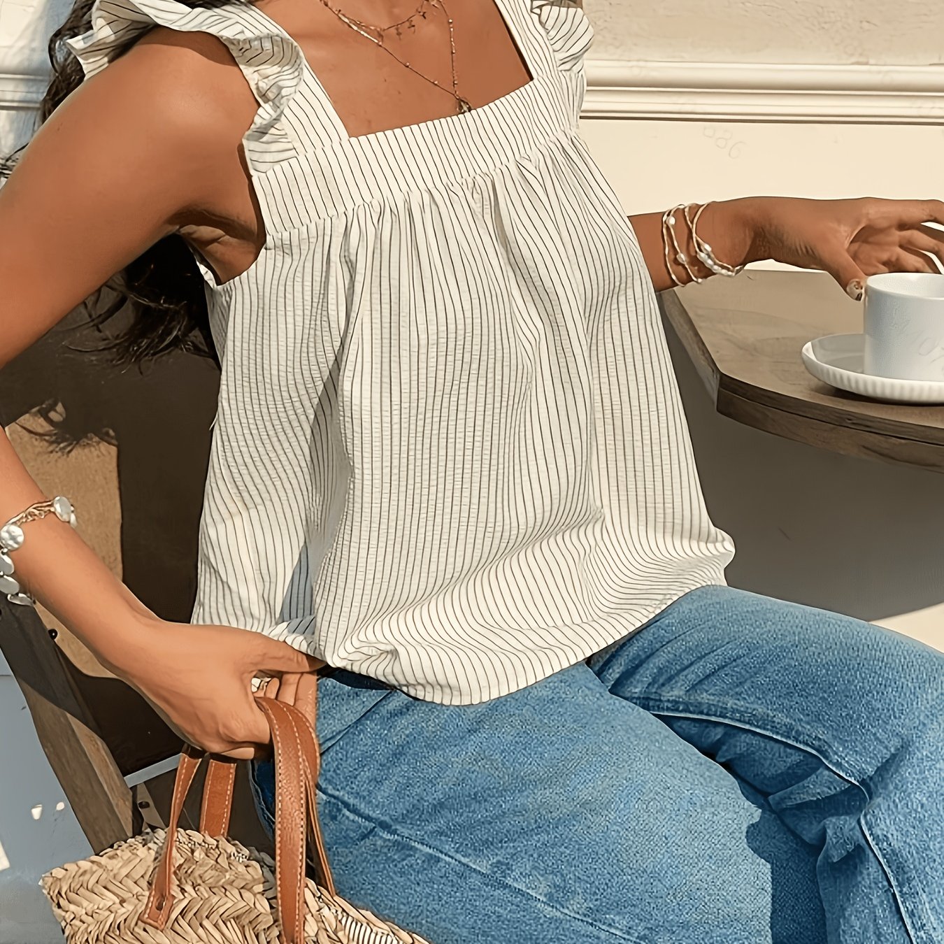 TEMU Women's Casual Striped Shirt With Neckline And Details, Summer Style, . Striped Top With Neckline, Sleeveless Design, Fresh And Versatile, New