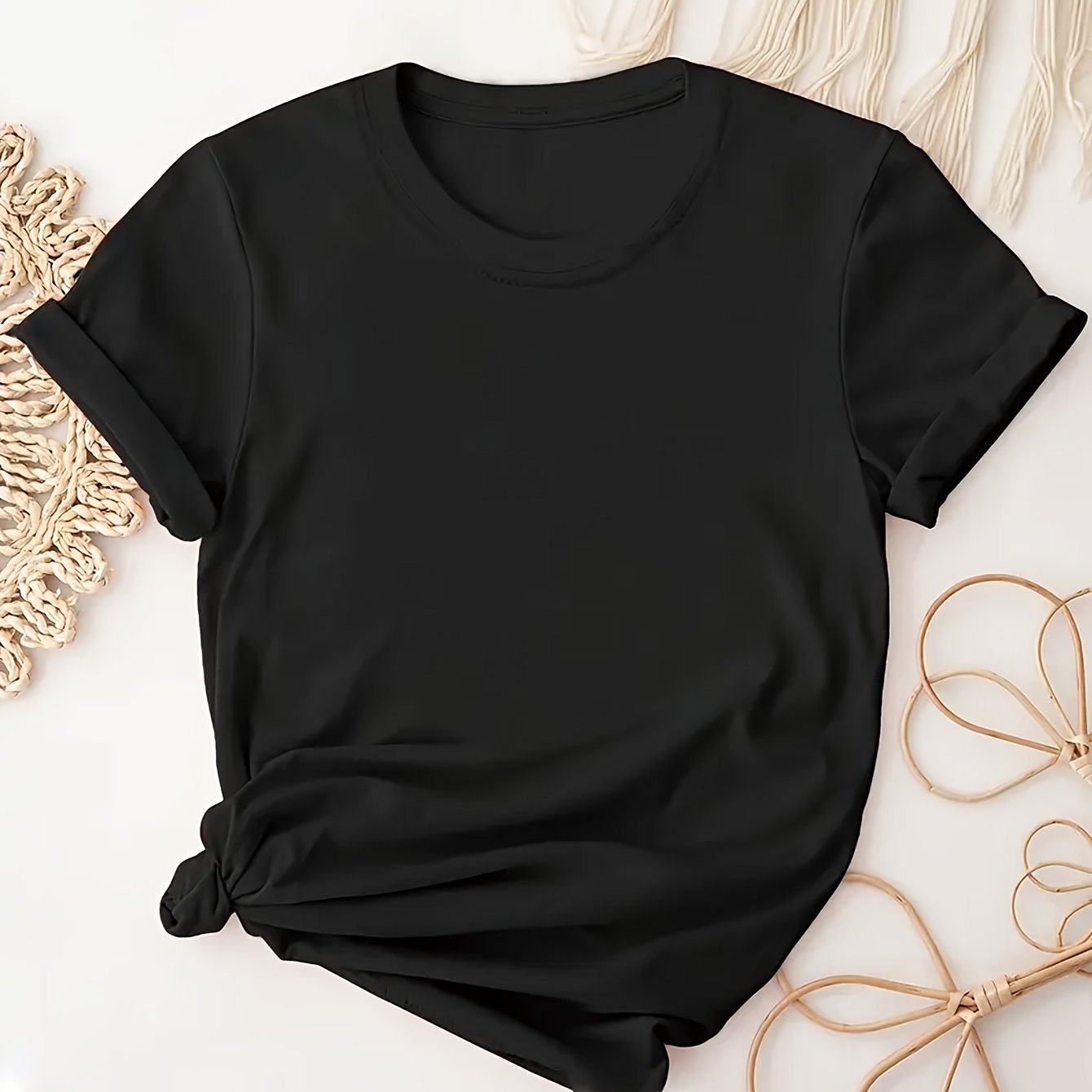 TEMU Camiseta clásica blanca para mujer, top casual de poliéster de manga corta y cuello , lavable a máquina, adecuada para y verano