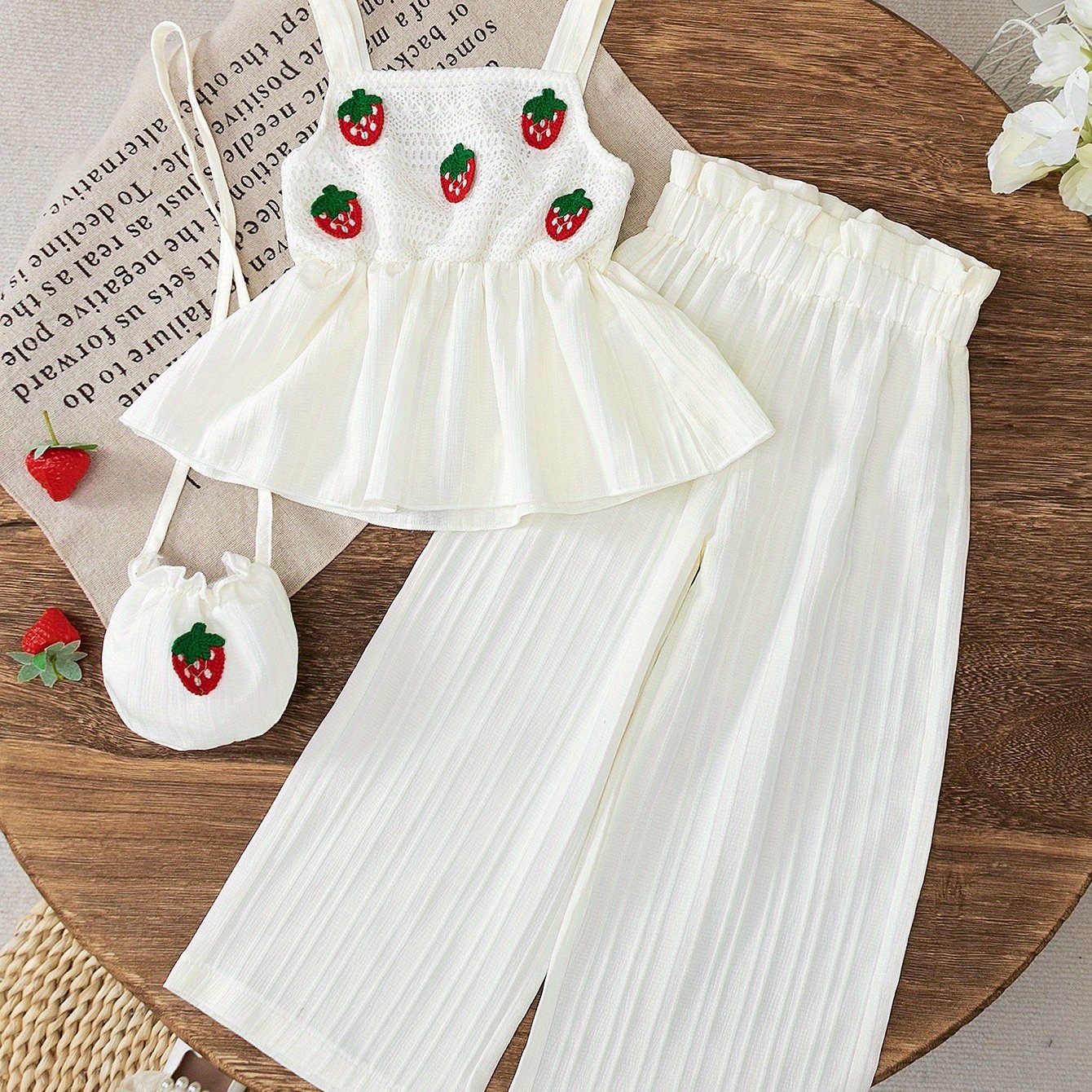Image of Fashionable Two-piece Set For Young Girls Featuring A Hem Tank Top With Strawberry Lace Details And Elegant Wide-leg Pants, Perfect For And Gatherings, For Outdoor