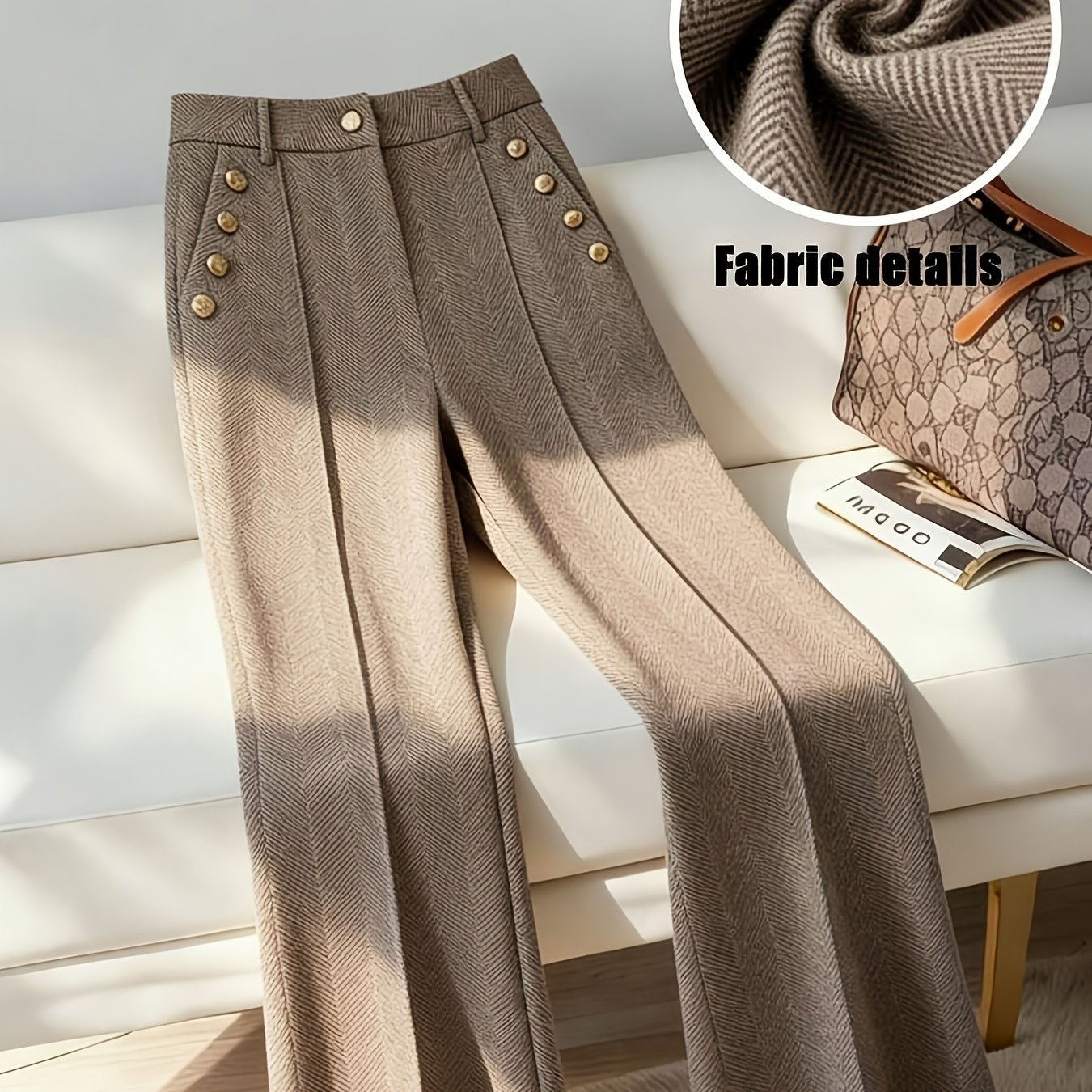 TEMU Women's Herringbone Elegant High-waist Trousers With Side Button-pocket Detail, Fashion Commute All-match Outdoor Casual Long Pants, Wilderness