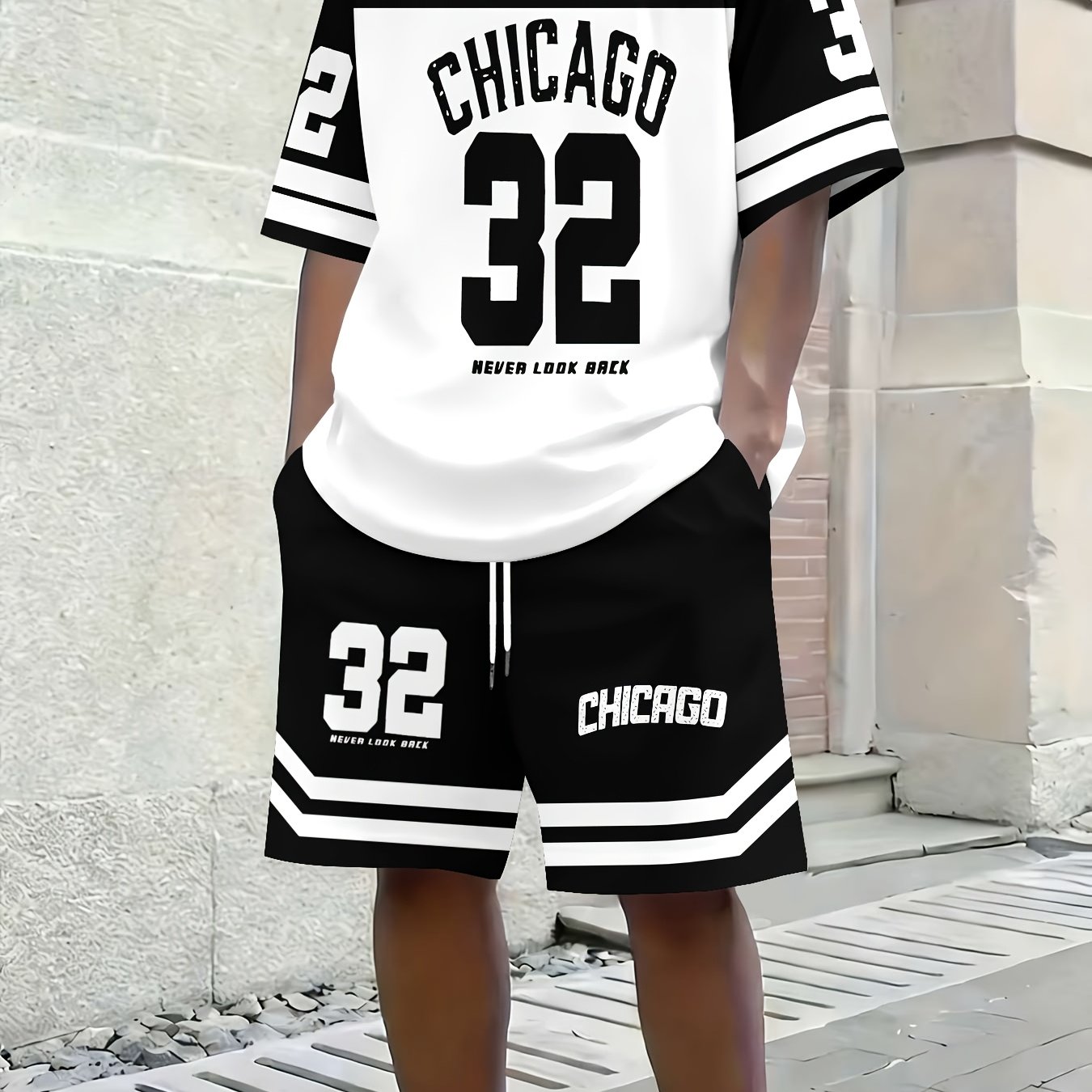 TEMU Conjunto de 2 Piezas para Hombre con Estampado CHICAGO No. 32, Tecnología de Impresión Digital, Ropa Deportiva Casual para Uso Diario