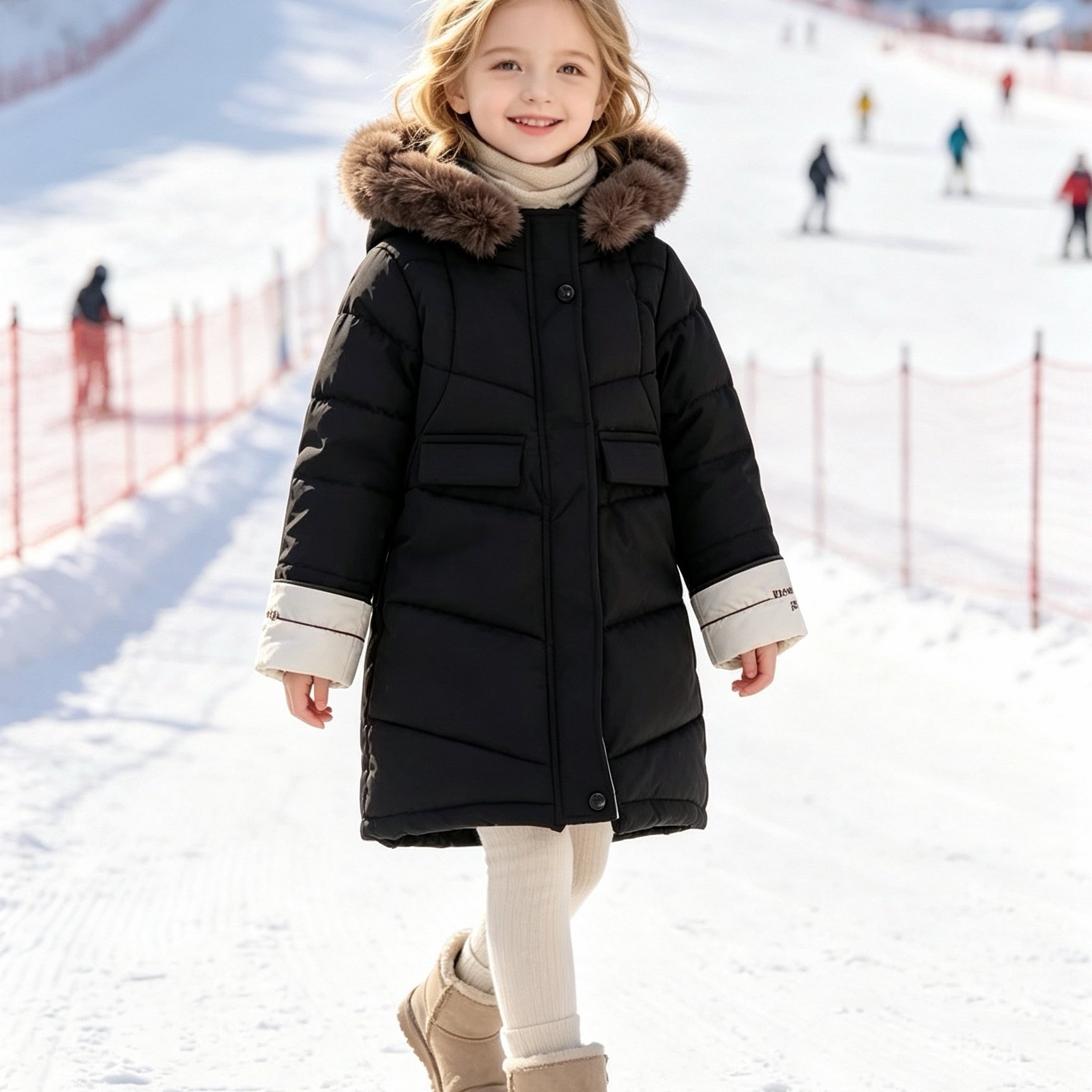 TEMU Girls' Clothing, Faux Fur Hat Included, Back-to-school Outfit, Embroidered Letter Detail Fashion Style, Casual Slim Fit, Fiber, Non-stretch