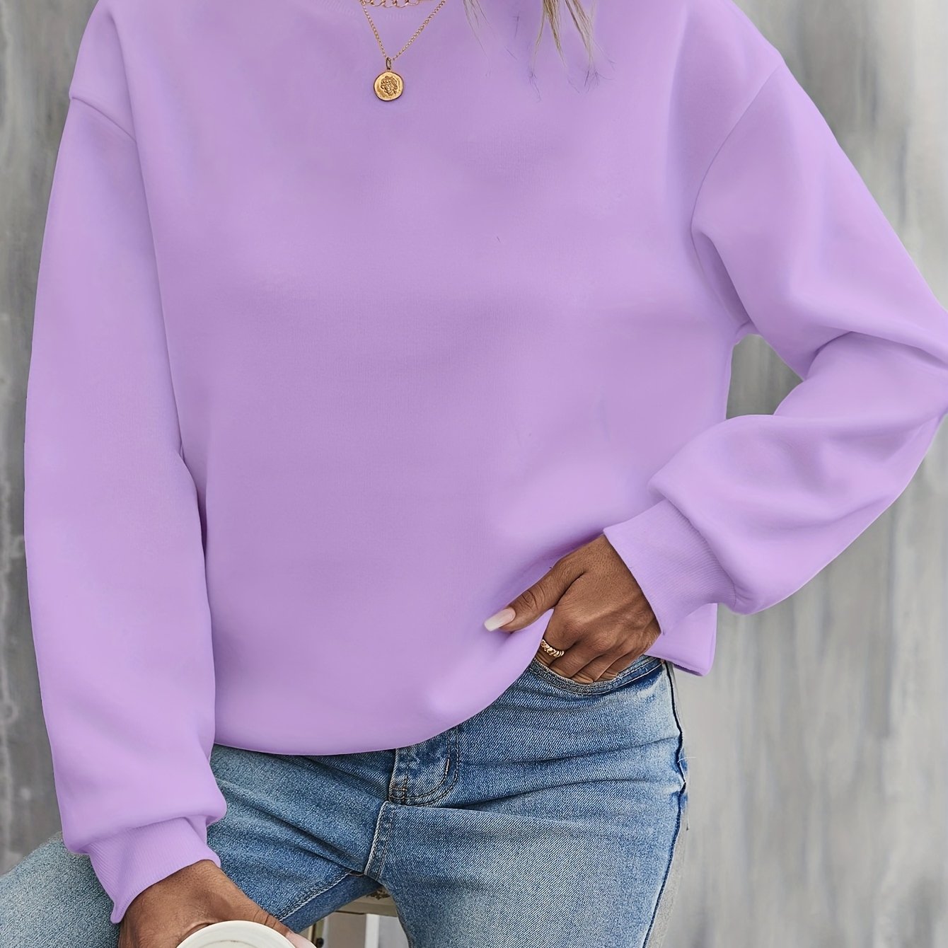 Image of Women's Fashion Solid Color Versatile Round Neck Sweatshirt, Autumn/winter -lined Thickened Loose Casual Sport Top
