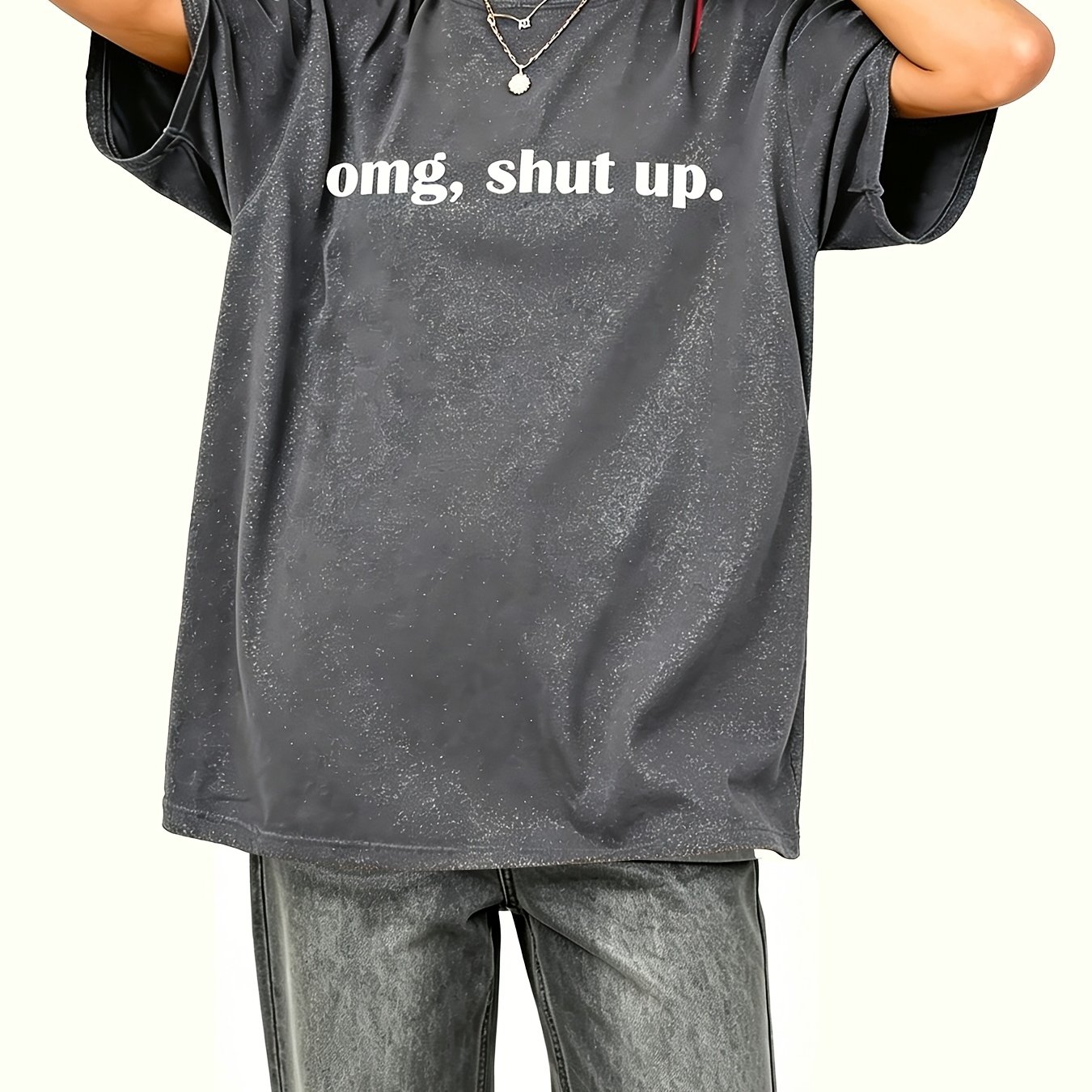 Women's Plus Size "omg Shut Up" Graphic T-shirt - Casual Short Sleeve Crew Neck Top, Machine Washable & Breathable For Summer & Spring, Ladies T-shirts, Everyday , Relaxed , Durable Fabric