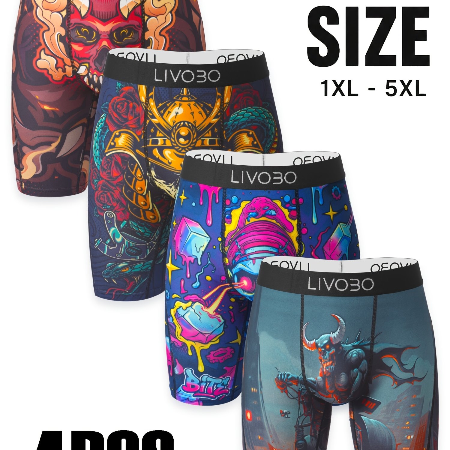 TEMU 4pcs Livobo Plus Size Printed Men Long Sports Boxer Briefs Anti Chafing Breathable Stretch Underwear For Running Gym Daily Wear, Plus Size