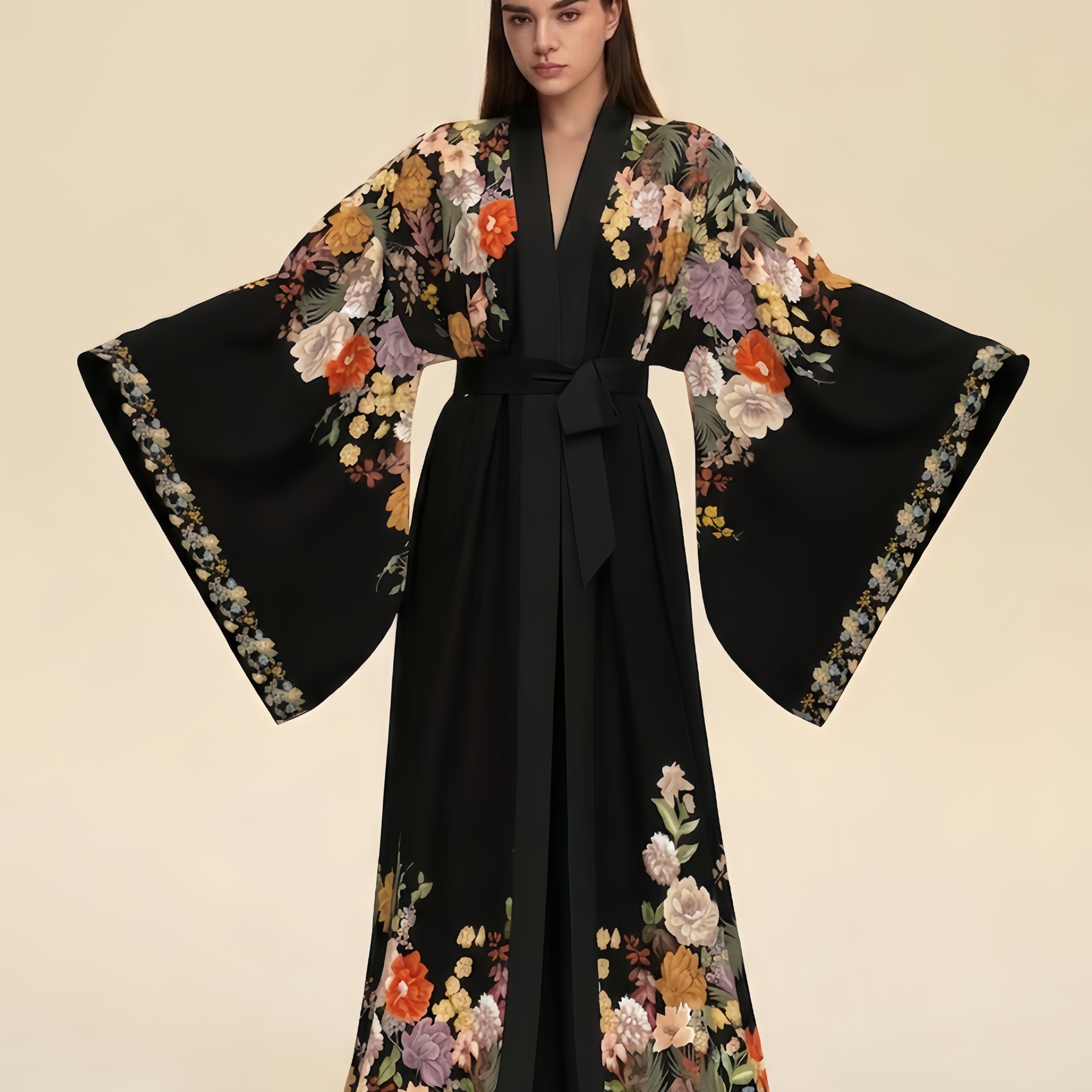 TEMU 2026 New Women's Floral Robe, Japanese Kimono Style Wide-sleeve Long Bathrobe, Elegant Loungewear Sleepwear