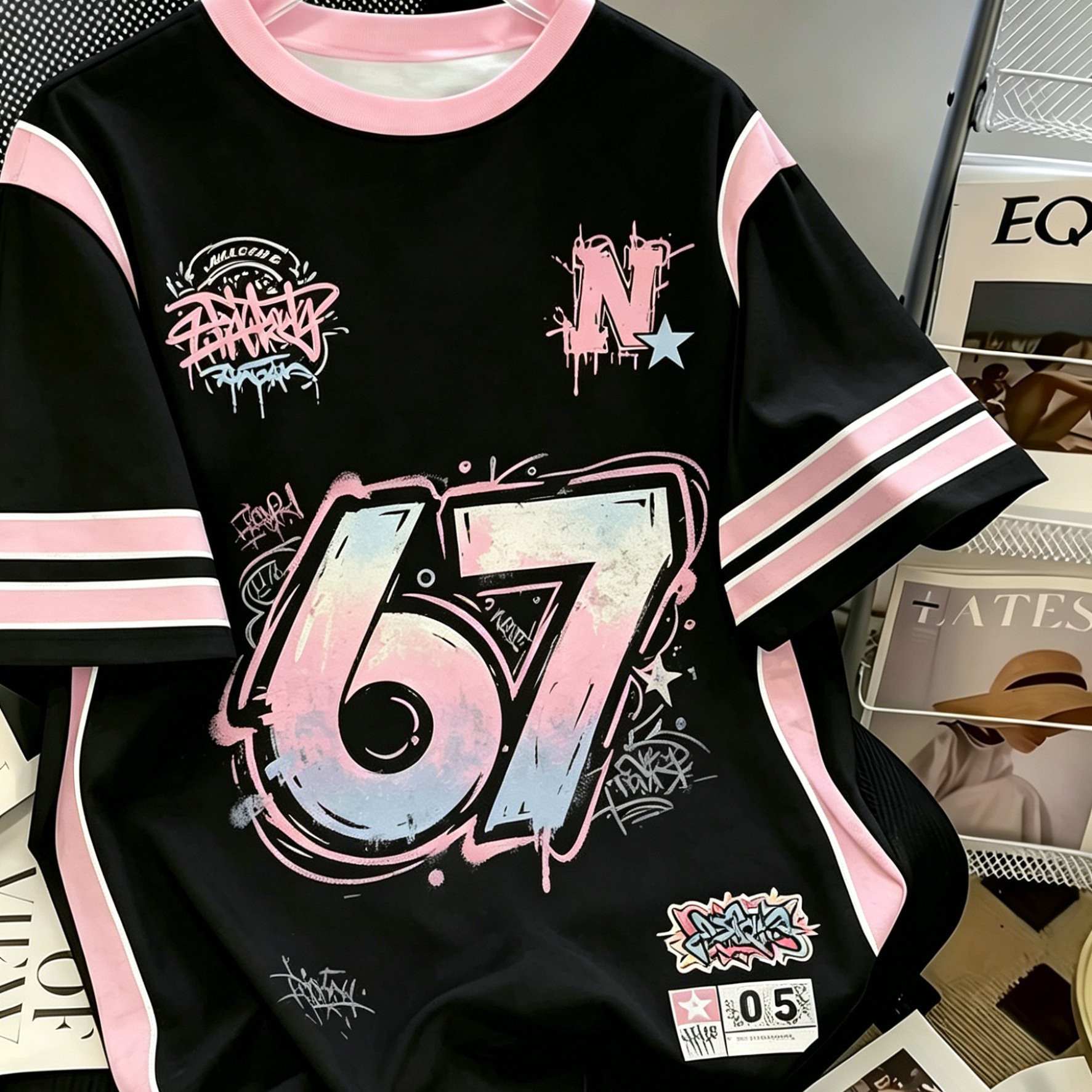 TEMU Summer New Arrival, Black Pink Contrast Size 67 Gradient Graffiti Size Men's Short Sleeve T-shirt, Fashionable Pattern Print