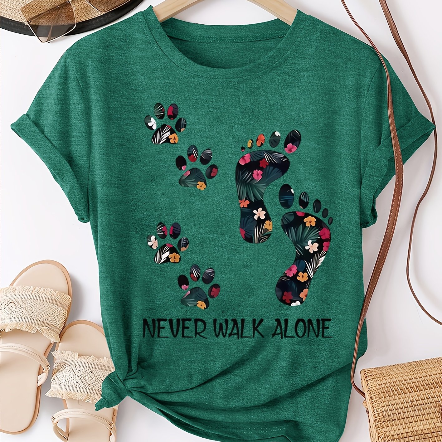 TEMU Women's Short-sleeve T-shirt With Footprint & Paw Print (dog &) - Soft Breathable Fabric, Round Neck Casual Blouse For Pet Lovers, S-xxl, -
