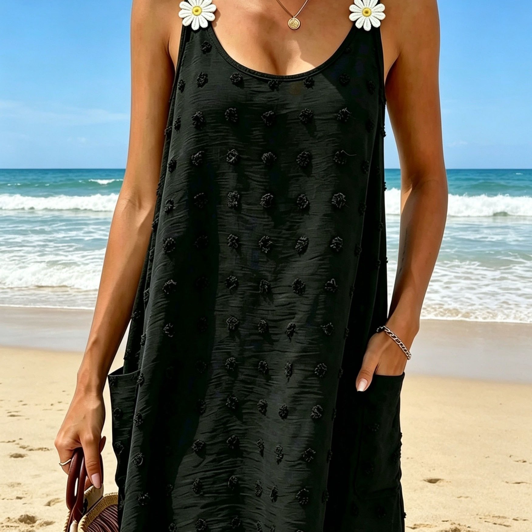 TEMU Summer Daisy Suspender Dress For Women, Loose And A-line Short Skirt With Pockets, Seaside , Women's Dress