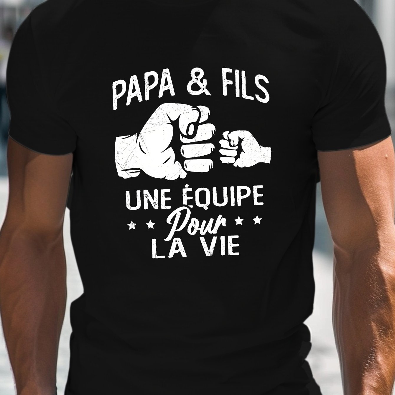 TEMU T-shirt pour homme "Papa & Fils" - Col rond décontracté, manches courtes, t-shirt léger d'été avec motif , noir, tissu confortable et respirant