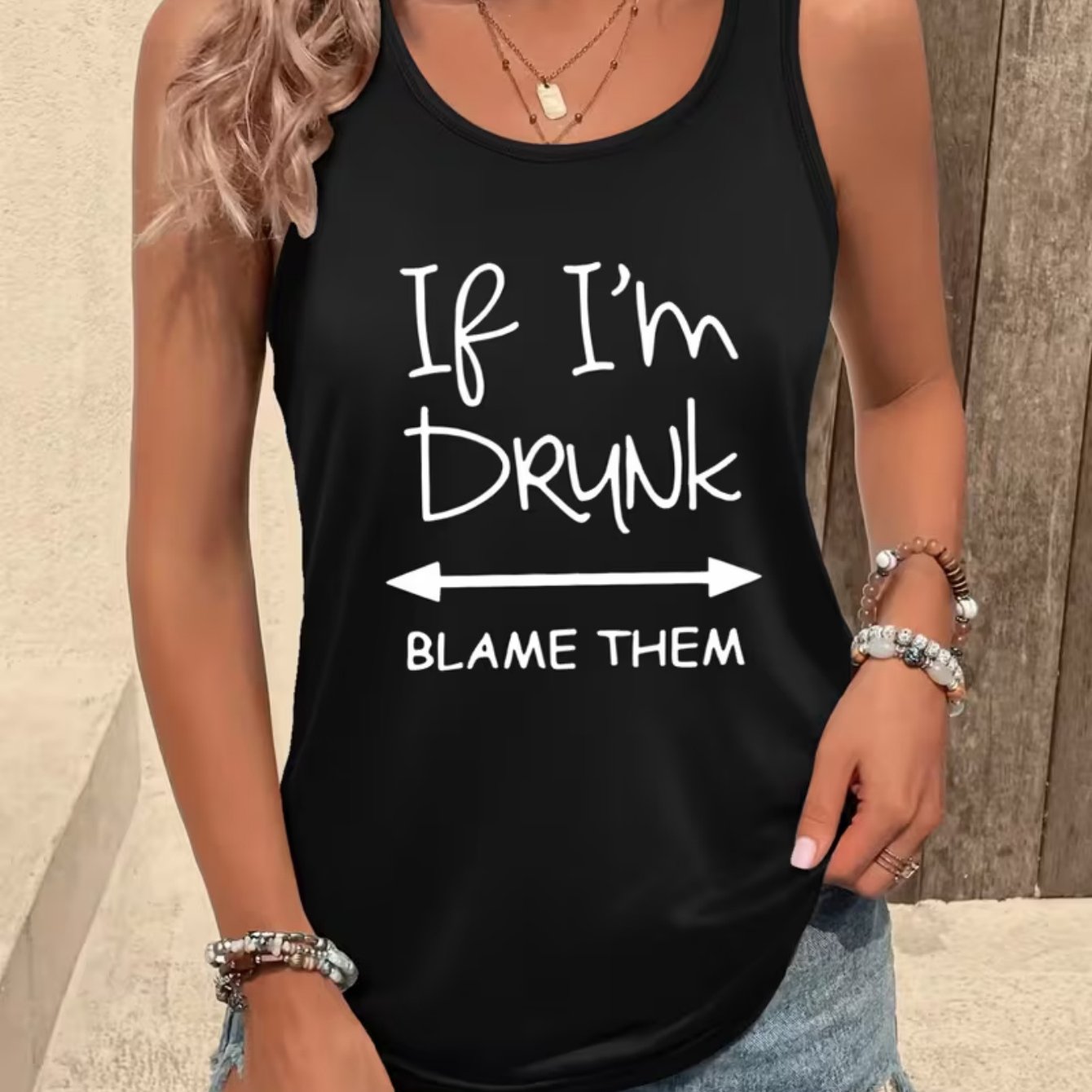 TEMU Simple Hand Letter "if I'm Drunk, Them" Arrow Funny Drinking Print Women's Sleeveless Tank Vest, Curved Hem Loose Casual Tank Tops, Fashion Soft