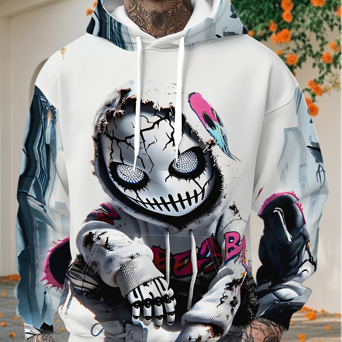 TEMU 's Casual Hooded Sweatshirt, Ripped Skull Clown Squatting Graffiti , Festive Gatherings And Versatile, Polyester Fabric Machine Washable, Print