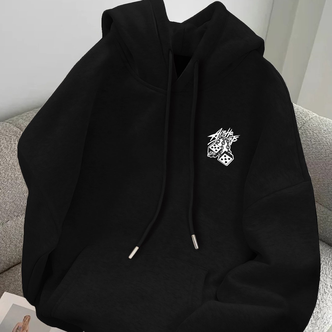 TEMU 1pc Men's Casual Pullover Hoodie With Letter Print And Dice Chain Patch, Polyester Knit Fabric, Elastic, Loose Fit, With Kangaroo Pocket For