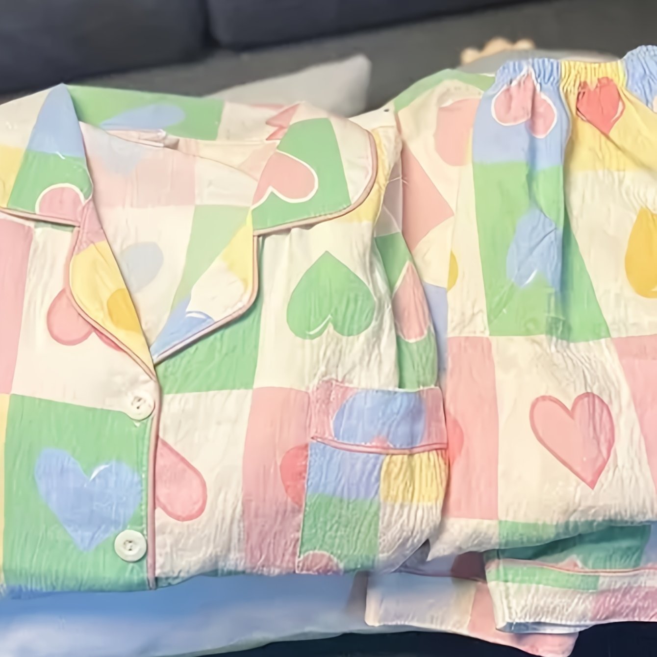 TEMU In-stock Non-stretch High-quality Ins-style Cardigan Colorful Heart Pajamas For Women, Spring/summer Lightweight 2pcs Set, Fashionable Lapel