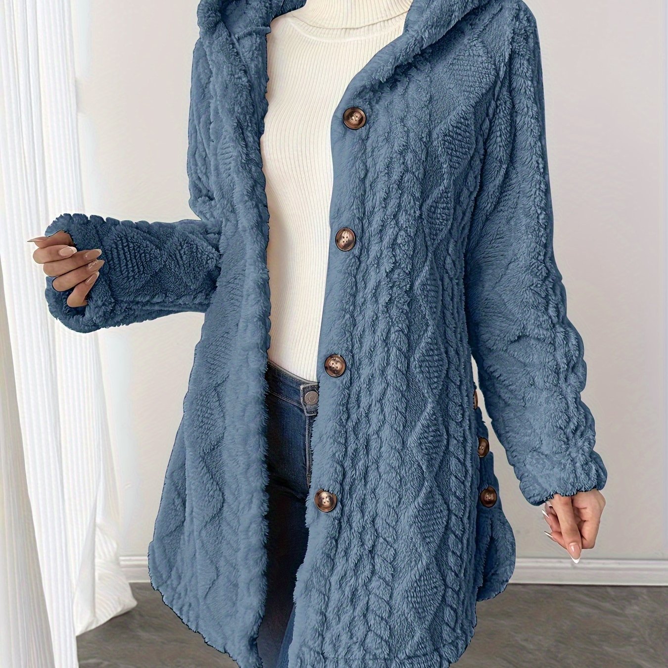 TEMU [  2025 Autumn/winter Geometric Texture Pattern, Solid Color, Hooded Mid-length Teddy Bear Long Sleeve Coat, Women's Elegant Style, Coat]