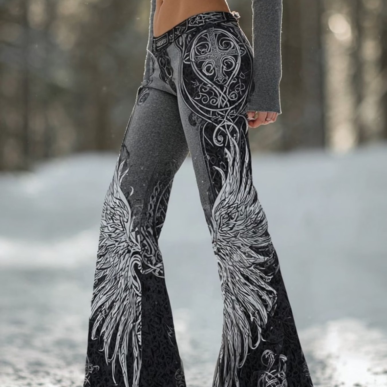 TEMU Nordic Wind Wing Totem Bell Pants, High Waist Elastic Fabric, Gradual Change Of Gray And Black Splicing Retro , Suitable For Street, Music