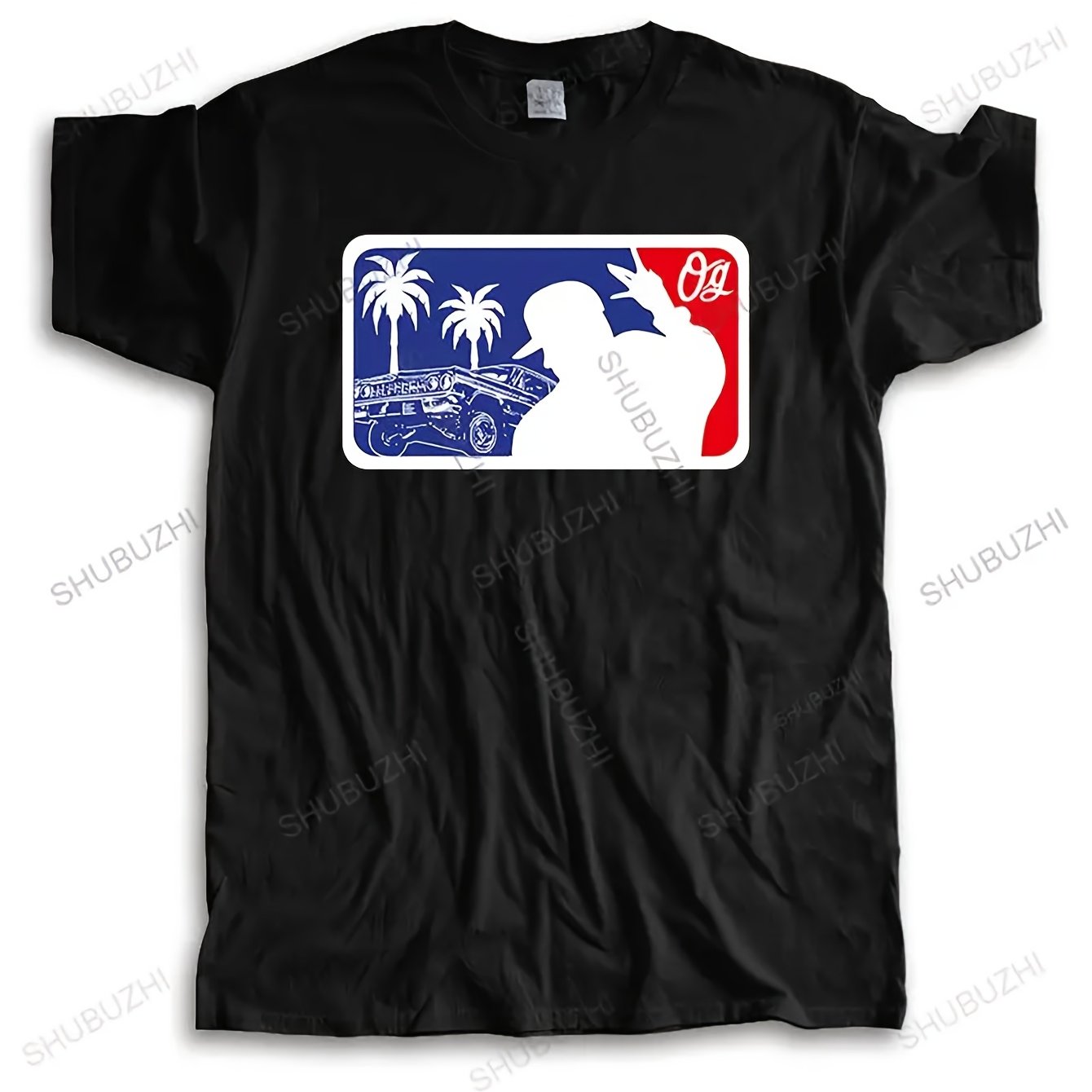 TEMU Dub Og Men's Chicano Lowrider Rap Graphic T-shirt - Black Cotton Tee With La , Palm Trees & Classic , Regular Fit Round Neck Casual Streetwear