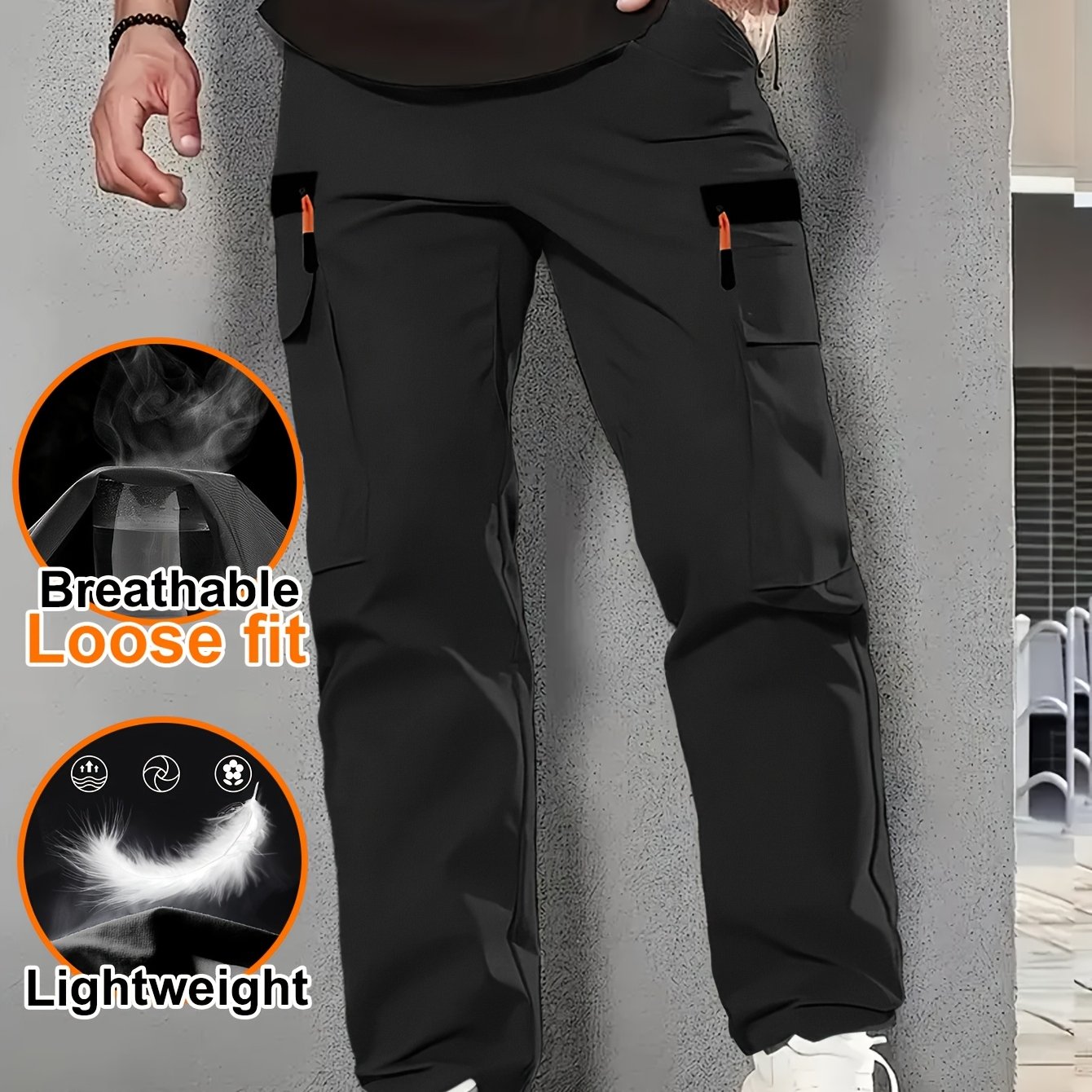 Image of Men's Outdoor Loose Cargo Pants - Durable Polyester, Multiple Pockets, Zipper Pockets, Oversized Fit, Drawstring Waist, Lightweight And Breathable, Suitable For Hiking, Camping, And Casual Wear