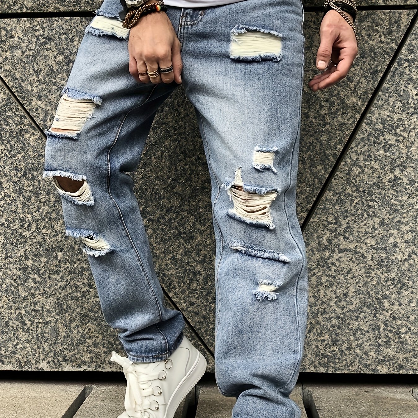 TEMU 1pc Men's Vintage Ripped Denim Denim - Loose Fit, Solid Color, Non-stretch Fabric, Casual Hip Hop Distressed Pants With Wash Detail