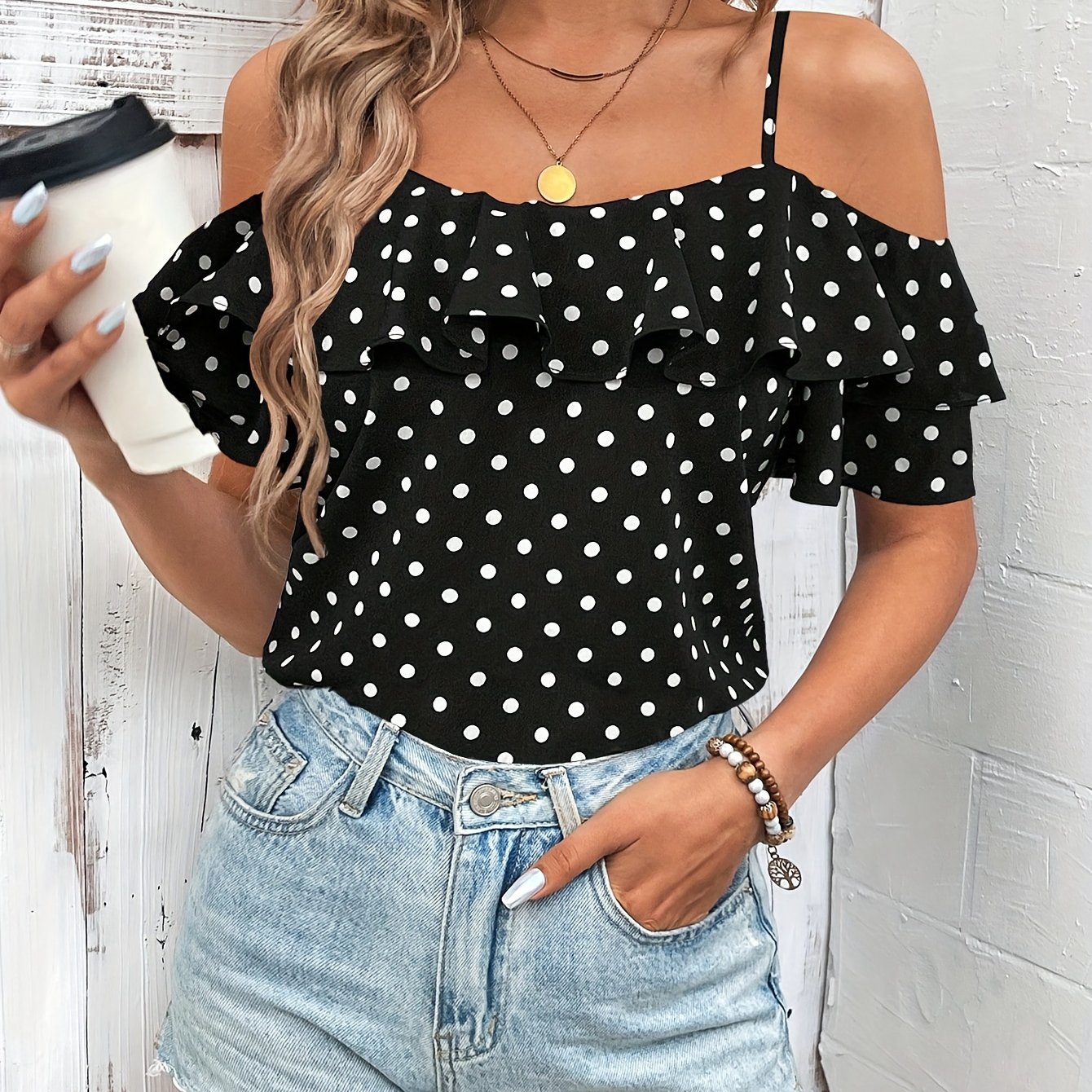 E-shop Bluse mit Schultern und Punktemuster, lässiges Kurzarm-Oberteil mit Rüschenbesatz für Frühling und Sommer, Damenbekleidung