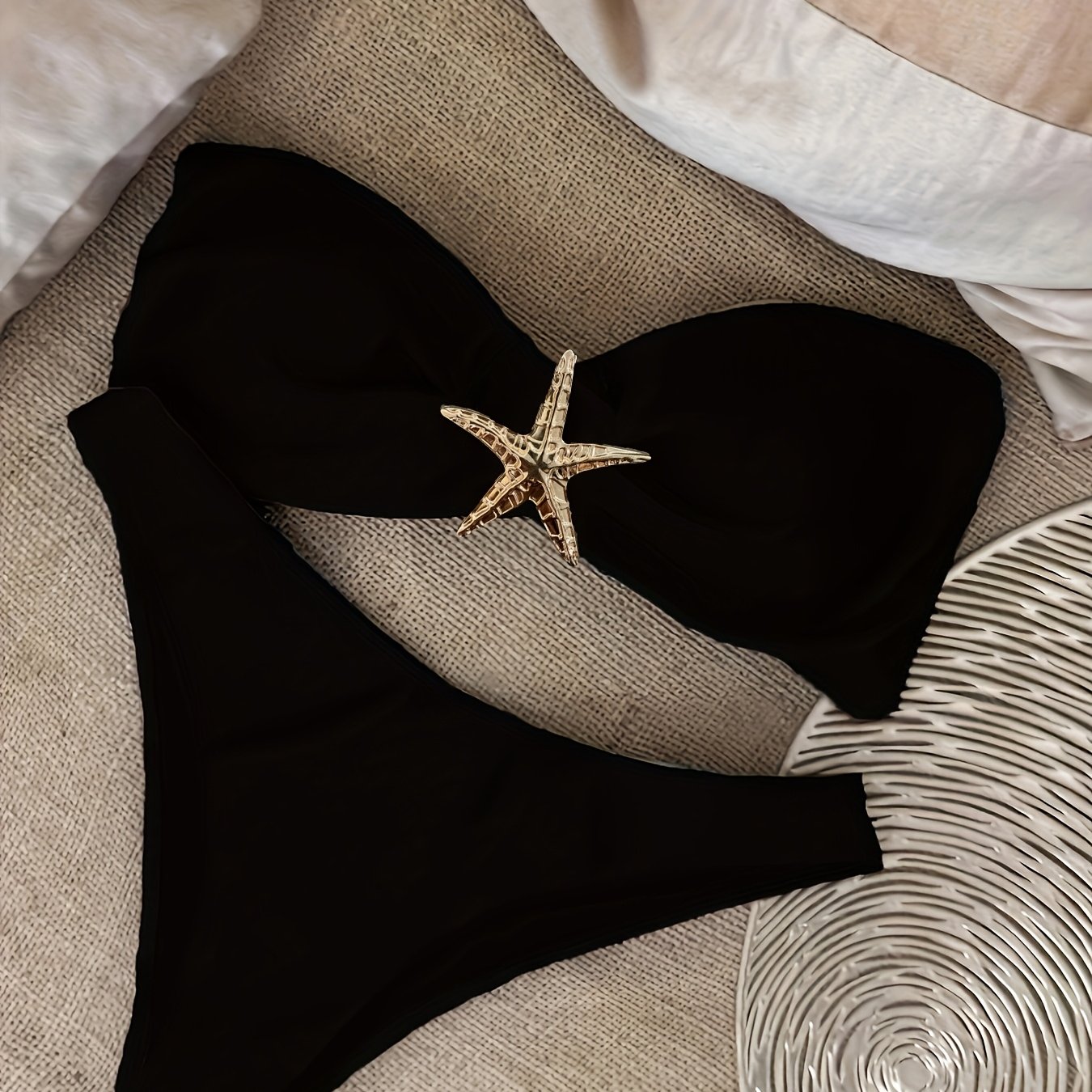 Black Bandeau Bikini, Metallic Star Decor Beach Vacation Sexy Swimwear Two-piece Set