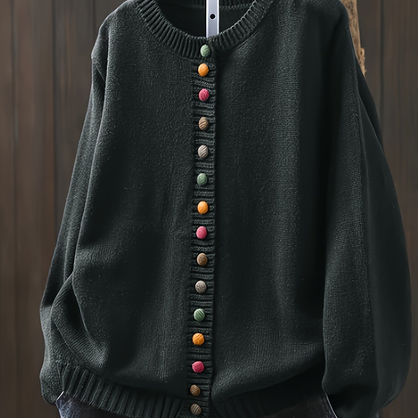 Women's Elegant Literary Style Multicolor Button Black Cardigan Yt
