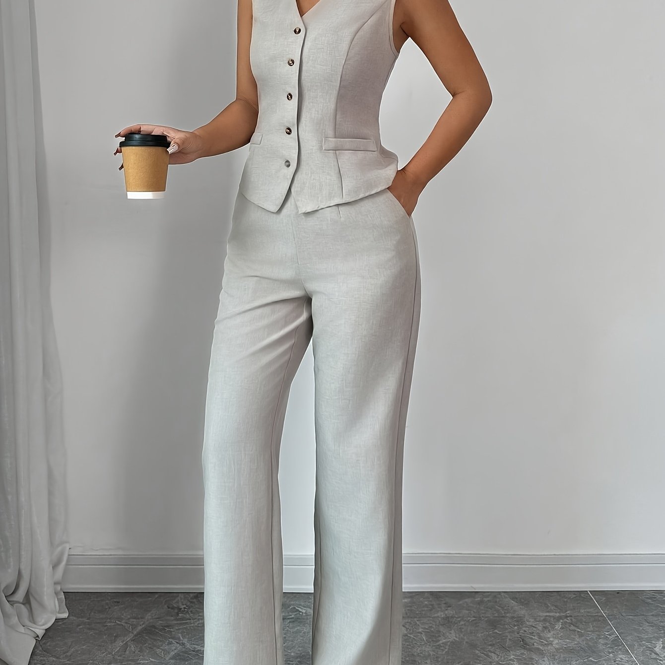 E-shop Neues Sommer-2-teiliges Damen-Set: Lässige, elegante, schicke, einfarbige, ärmellose, einreihige, taillierende Weste + Hose mit hoher Taille