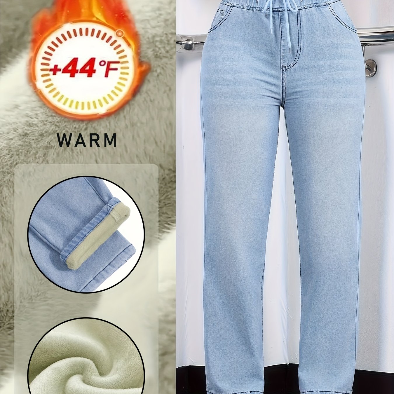 Image of 25aw Drawstring Plus Size Women's Fleece-lined Elastic Waist Washed Stretch Jeans Casual Comfortable Straight-leg Jeans