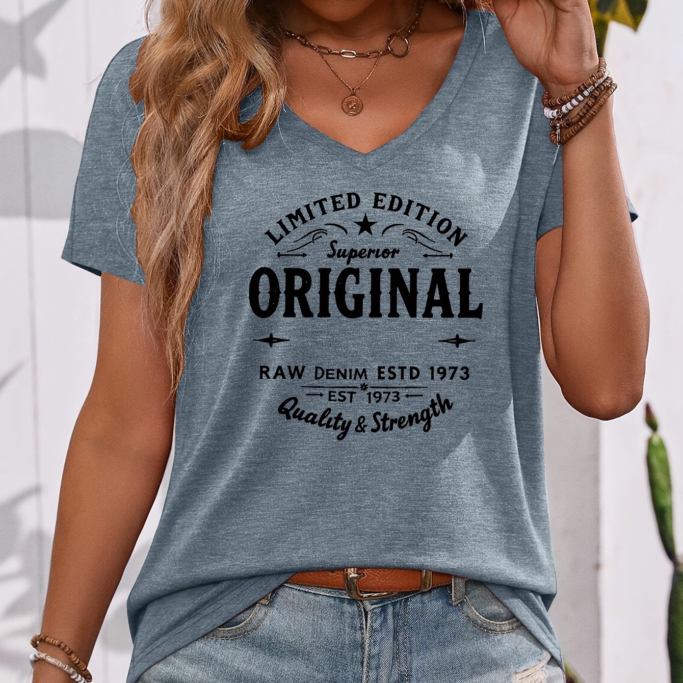 TEMU Star And Arrow Decorations, "original" Letter V-neck Short-sleeved T-shirt, Casual, Fashionable V-neck Trendy Short Sleeves, Everyday Versatile