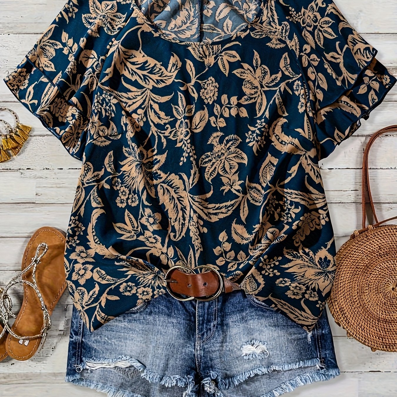 Plus Size, Plus Size Women's Shirt Summer Elegant Printed Round Neck Blouse For Ladies