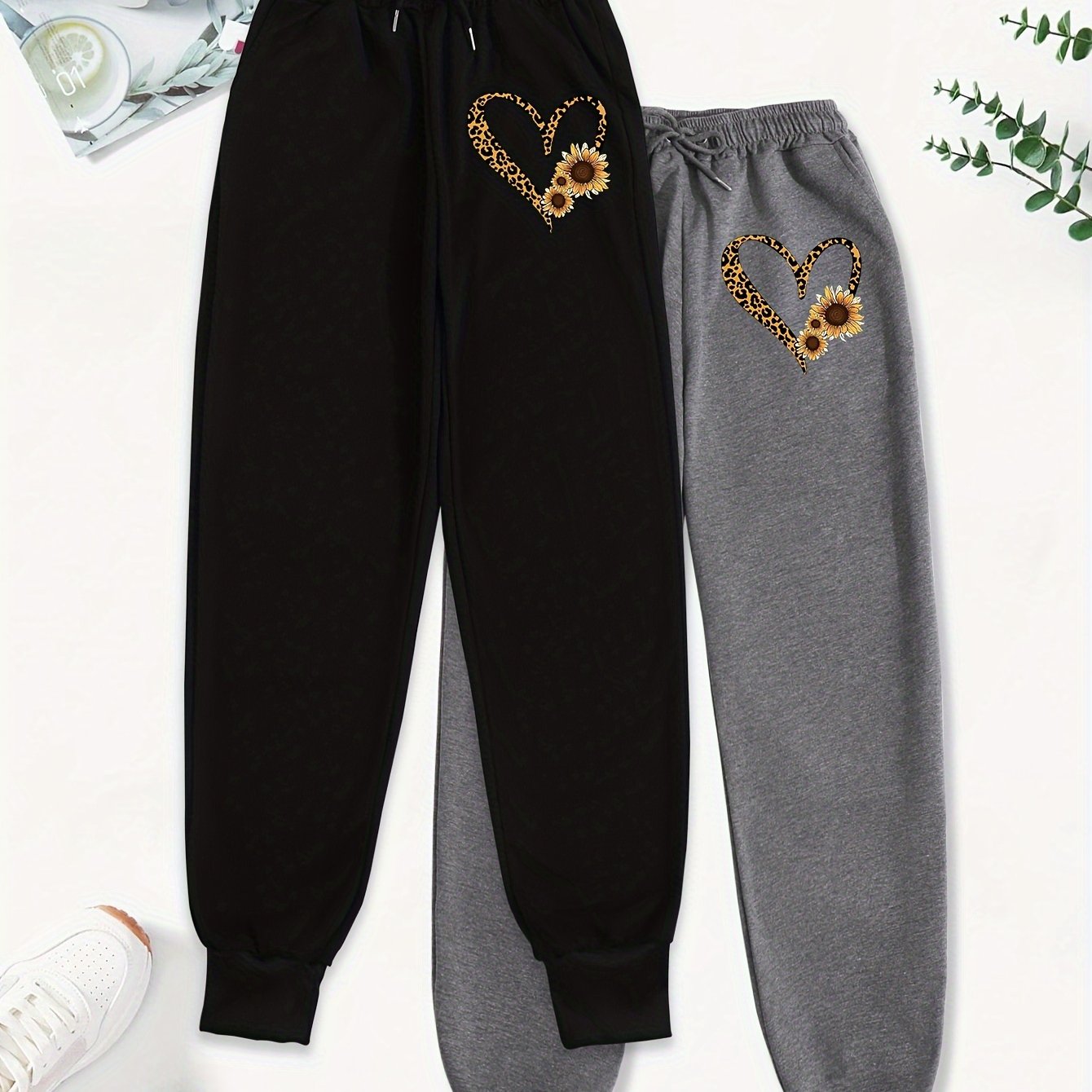 TEMU 2-pack Women's Casual Drawstring Jogger Pants, Polyester Knit Sport Pants With Letter Graphic And Pockets, Loose