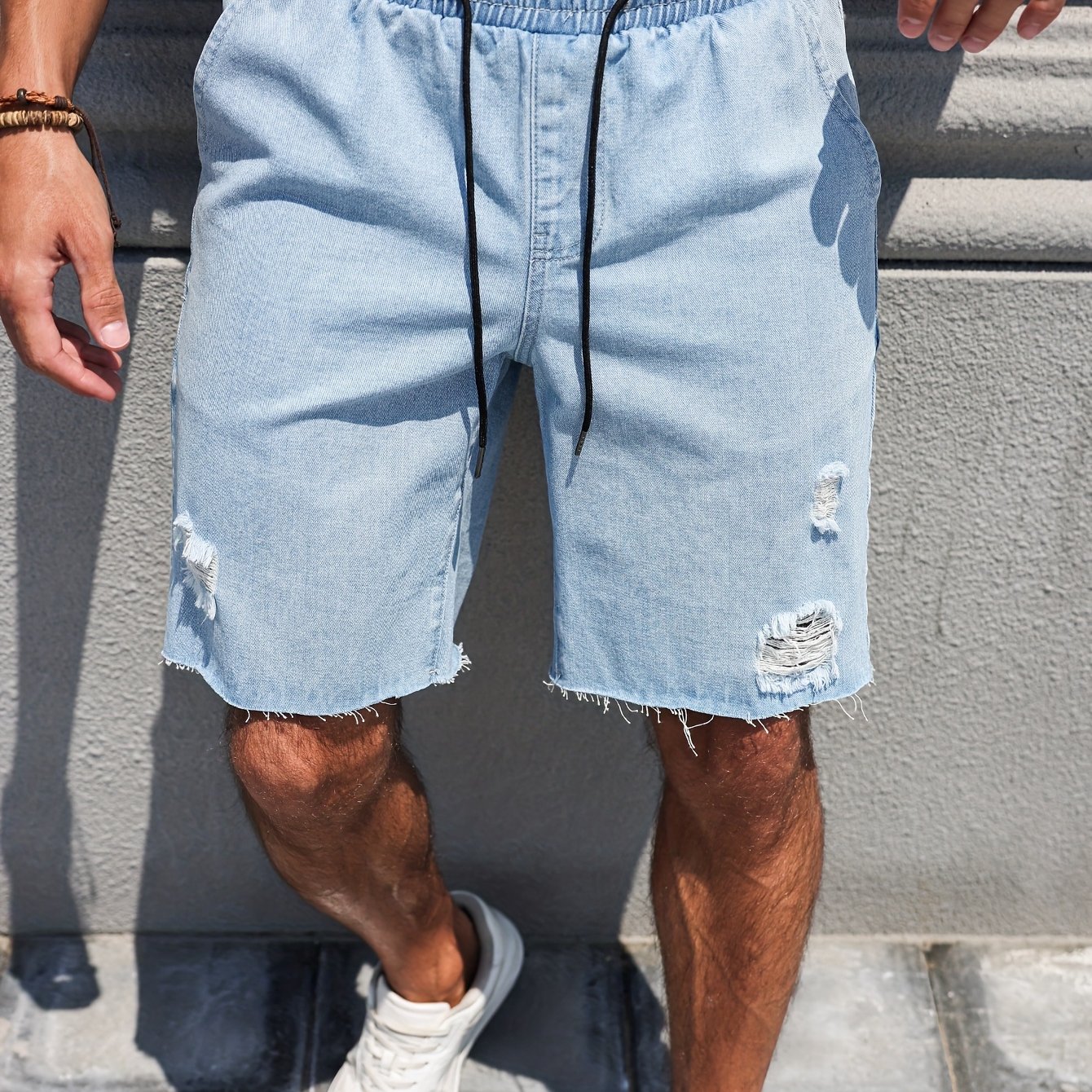 Men's Stylish Versatile Summer Ripped Wide-leg Denim Shorts (non-stretch Solid Color, Loose, Washed For )