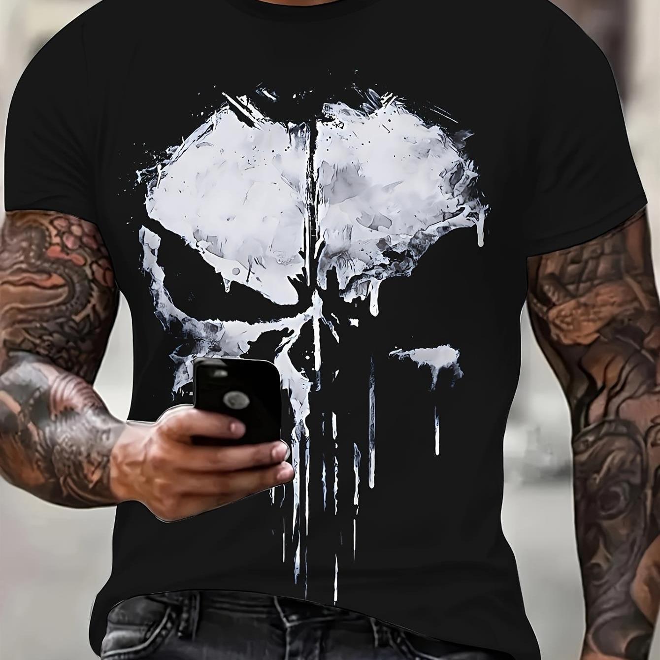 TEMU Men's Plus Size Skull Logo T-shirt- - White And Design, Breathable Regular Fit Casual T-shirt, Suitable For Gym, Outdoor And Casual Attire-