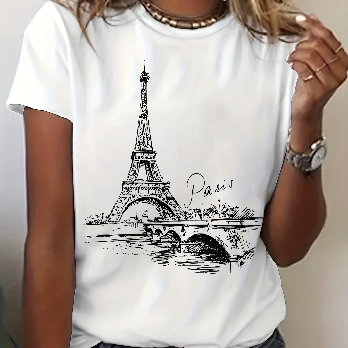 Image of Women's Tower T-shirt - France Travel Aesthetic Short Sleeve Top With Iconic Print, Crew Neck Casual Blouse For Summer & Spring Wardrobe - French Style