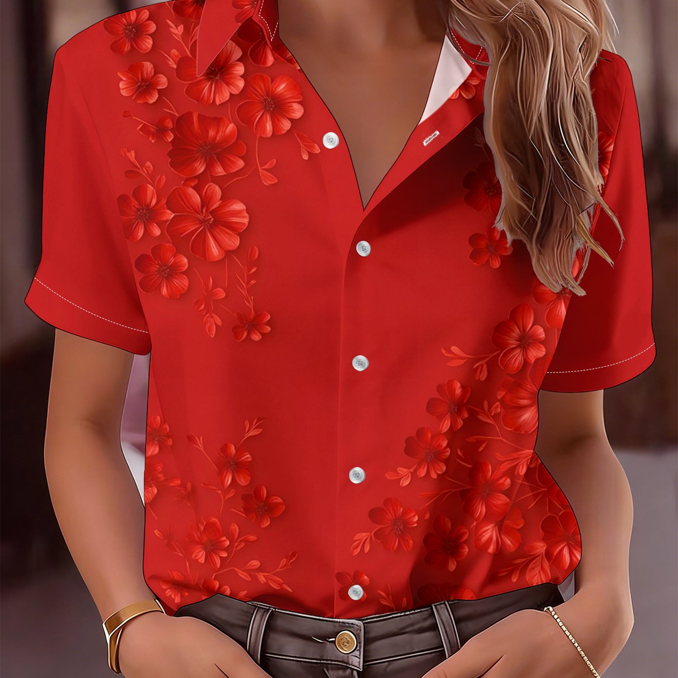 TEMU Women's Vintage Chinese Red Floral Short-sleeve Shirt - Soft Breathable Collar Blouse-compatible Top | Full-body Print Suitable For Daily