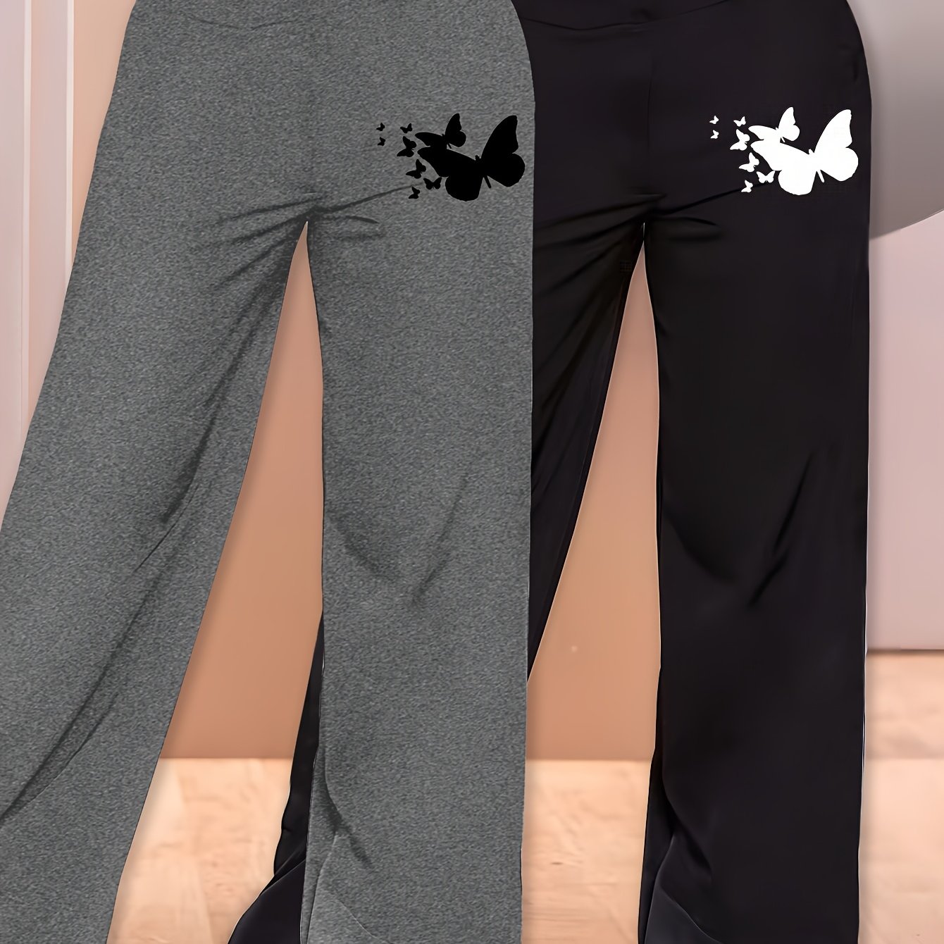 TEMU 2pcs Women's Casual Wide-leg Pants - Summer Lightweight Trousers With Print, Elastic Waist & Cuffs, Machine Washable (navy & Black), Comfortable