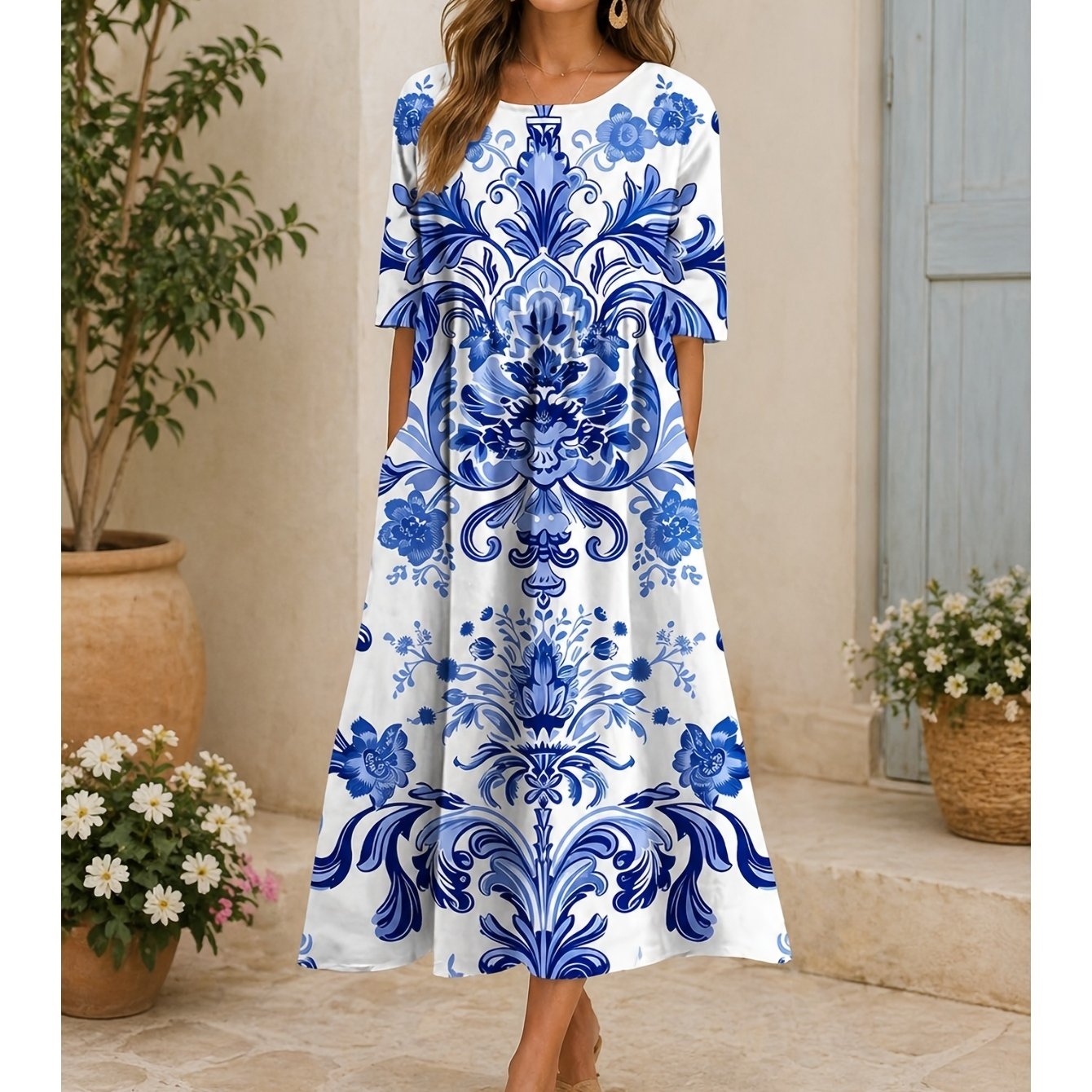 Image of Women's Loose Floral Print Long Dress, Three-quarter Sleeve Round Neck Casual Dress, Soft And Lightweight High-waist Dress With Pockets, Suitable For Plus Sizes And Occasions