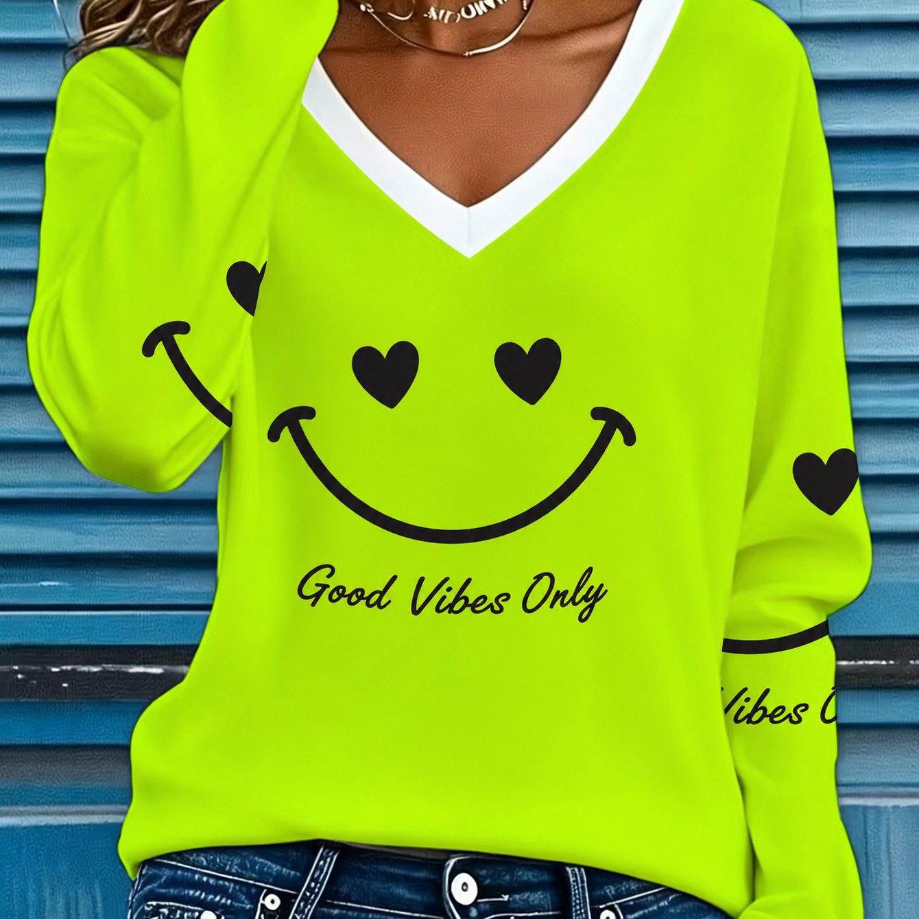 TEMU Neon Green Good Heart Eyes Smile Womens Printed Long Sleeve V Neck T Shirt Street Shopping Beach Travel