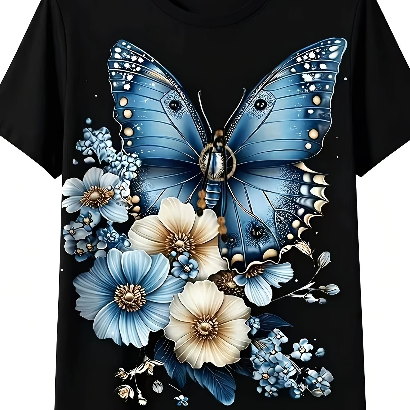 TEMU Women's And Floral Print T-shirt - Casual Short-sleeve Round Neck Top, Vibrant Pink With Blue Butterflies And Colorful Flowers, Lightweight For