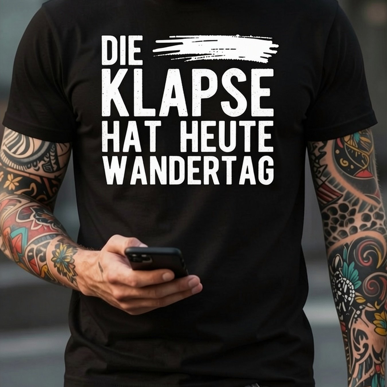 Image of Men's Plus Size Die Klapse Hat Heute Wandertag Graphic T-shirt | Black Casual Summer Tee With White Text, Crew Neck, Regular Fit, Lightweight Blend, Long Sleeve, Wear- Magliette Uomo