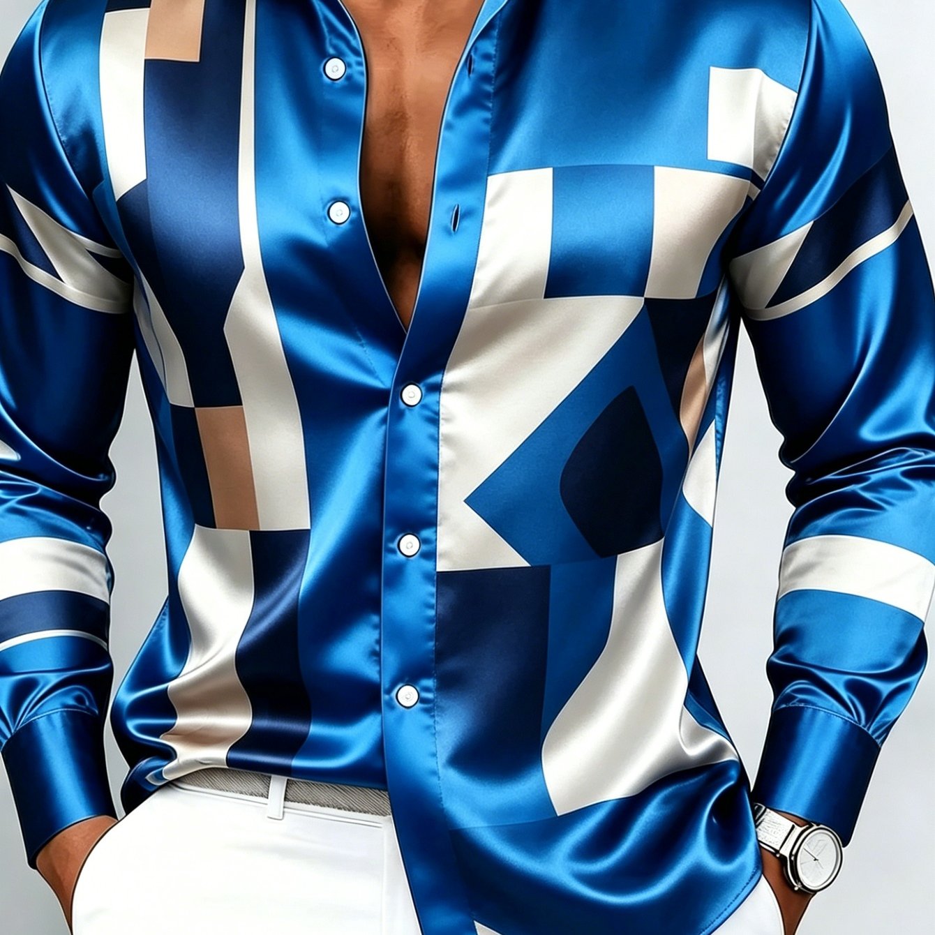 Image of Men's Long Sleeve Button Shirt, Royal Geometric , Casual Business Party Wear, Top
