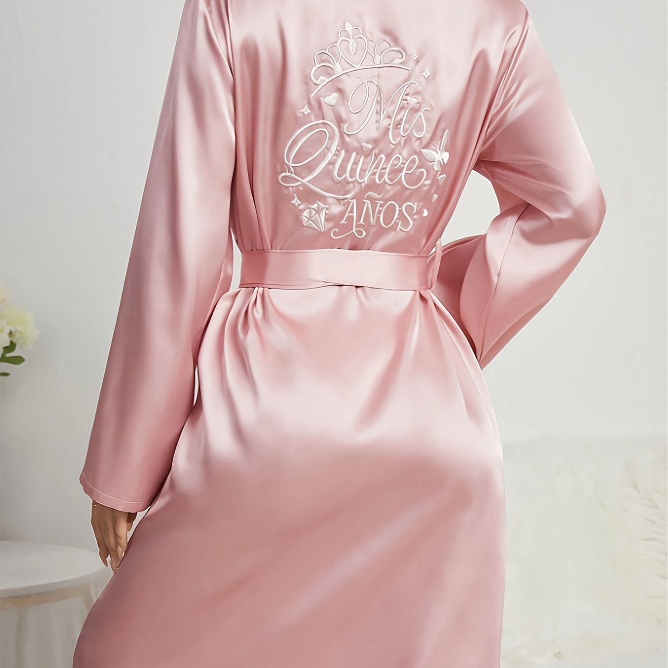 TEMU Women's Fashionable, Elegant, And Comfortable Solid Color Belted Embroidered Satin Pajama Robe Loungewear