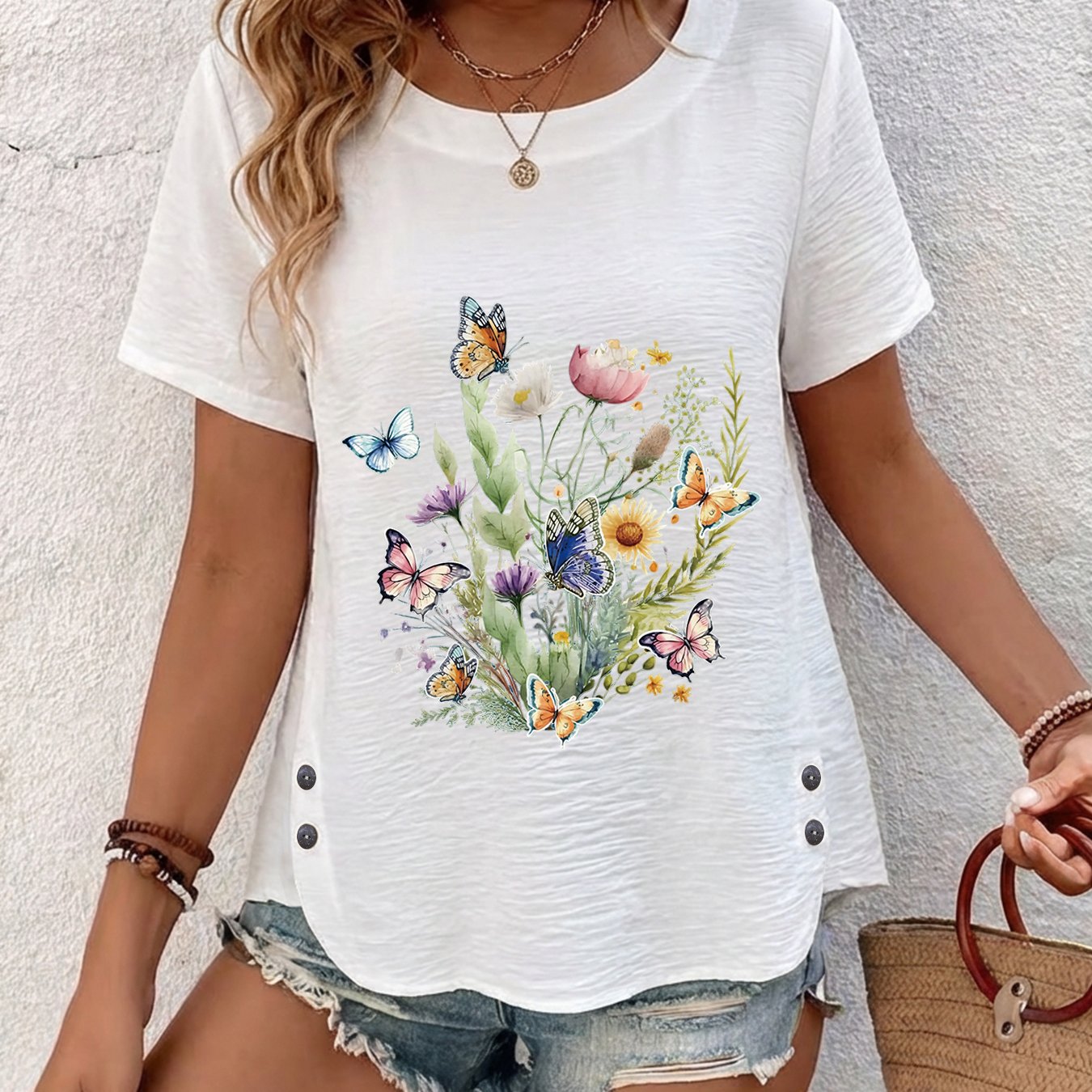 TEMU Women's Spring Summer Clothing, Women's Top, Watercolor Style, Floral Watercolor Comfortable Elegant Casual Wear Short Sleeve Round Neck Casual