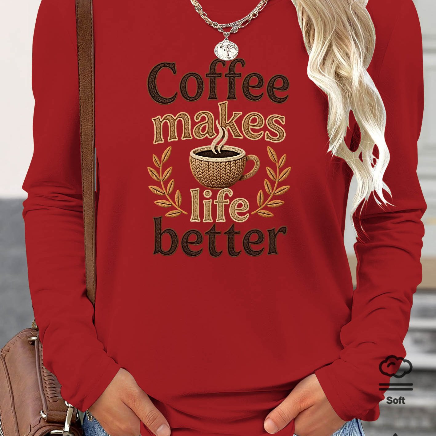 TEMU [2026 Women's Refresh] Women's Autumn Clothing, Coffee Cup And Text Print Round Neck Long Sleeve T-shirt, Inner And Outer Wear, Casual Fitness,