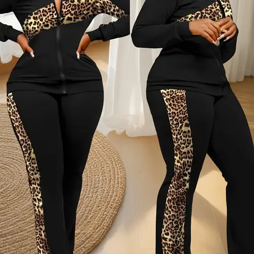 womens leopard print two piece outfit elegant long sleeve zip up jacket straight leg pants set nylon blend casual or clothing
